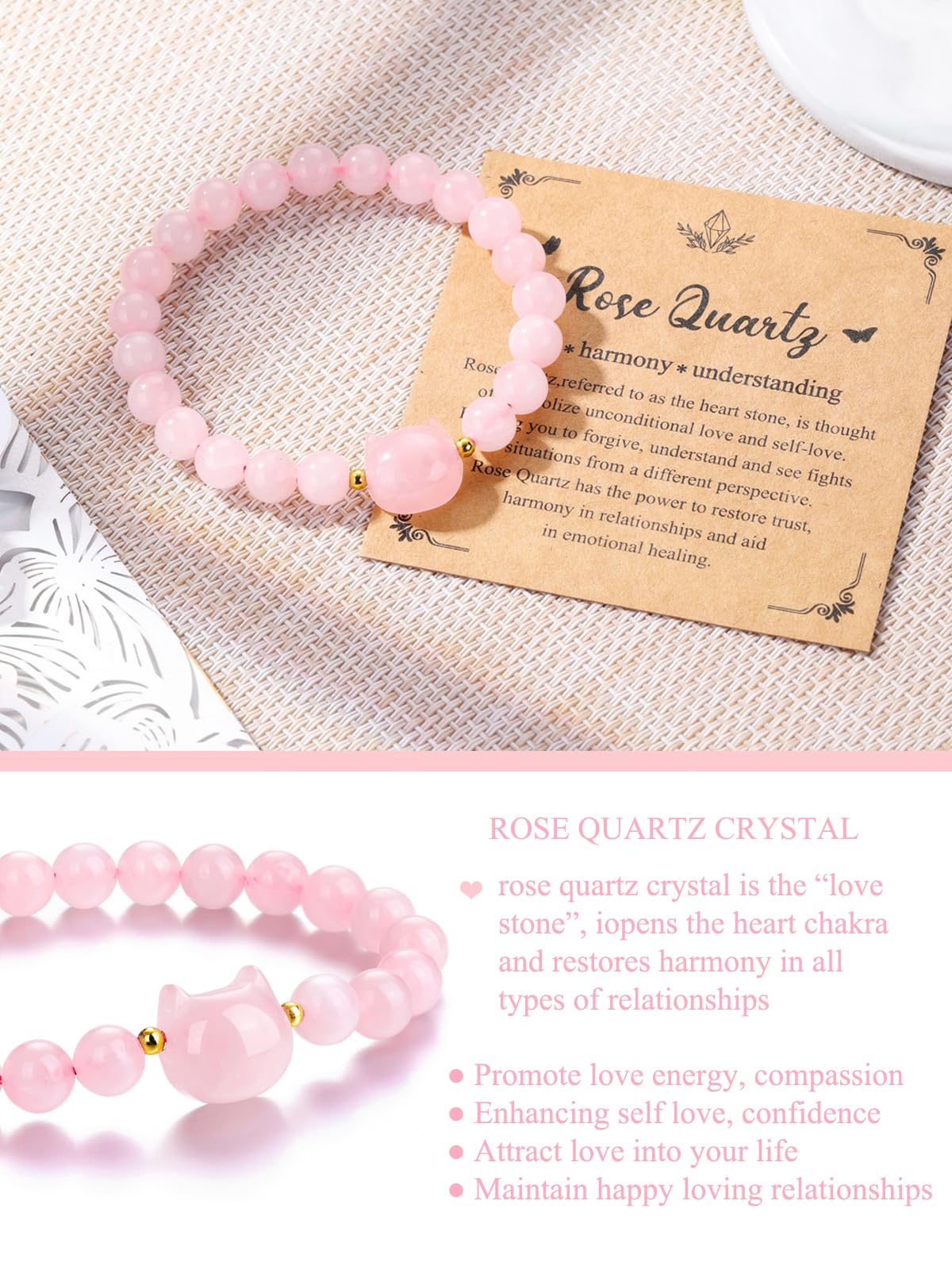 CrystalTears Rose Quartz Crystal Cat Bracelet for Women Men 8mm Healing Crystal Stone Bead Bracelets Protection Gemstones Stretch Bracelet Good Luck Bracelet Jewelry Cat Gifts for Mom Women