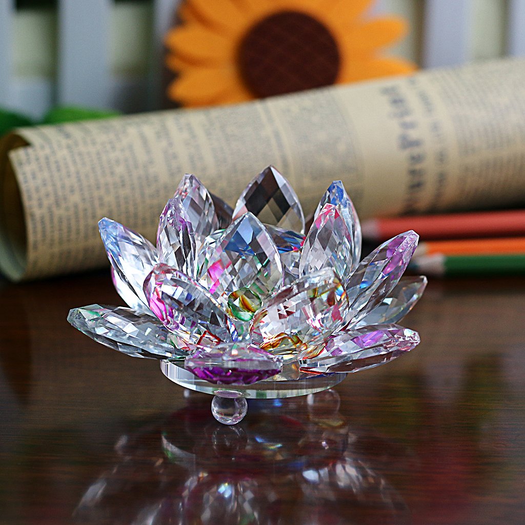 OwnMy Sparkle Crystal Lotus Flower Hue Reflection Feng Shui Home Decor with Gift Box (3 Inch/ 80MM)