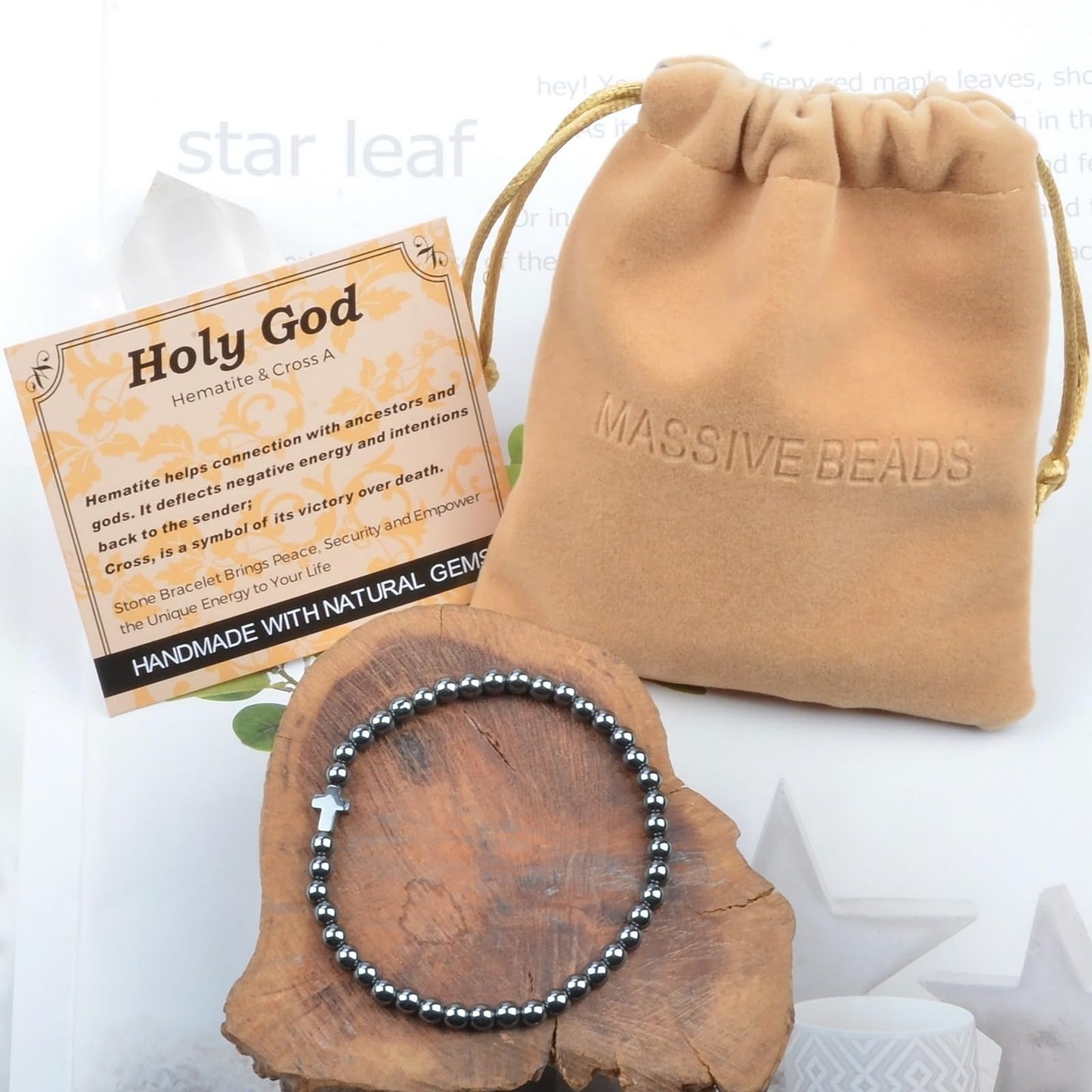 MASSIVE BEADS Hematite and Cross - Holy God Handmade Handmade Yoga Stretch Elastic Bracelet Natural Stone Crystal Healing Power Energy Gifts for Unisex Adult 4mm