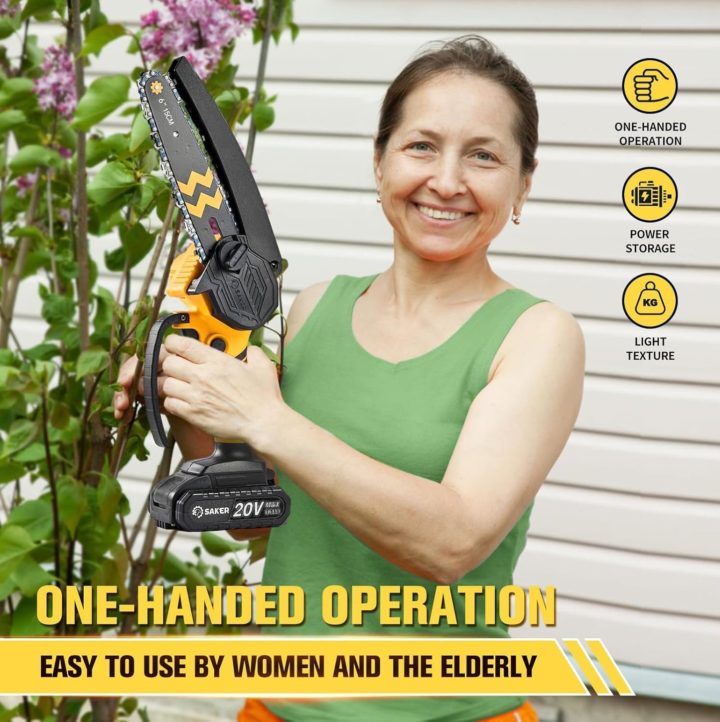 Saker Mini Chainsaw Cordless 6-Inch-Switch Security Lock-Cordless Power Chain Saws-Handheld Small Chainsaw for Cutting Wood Trimming and Woodworking- Mini Chain Saw Cordless with 1 Battery