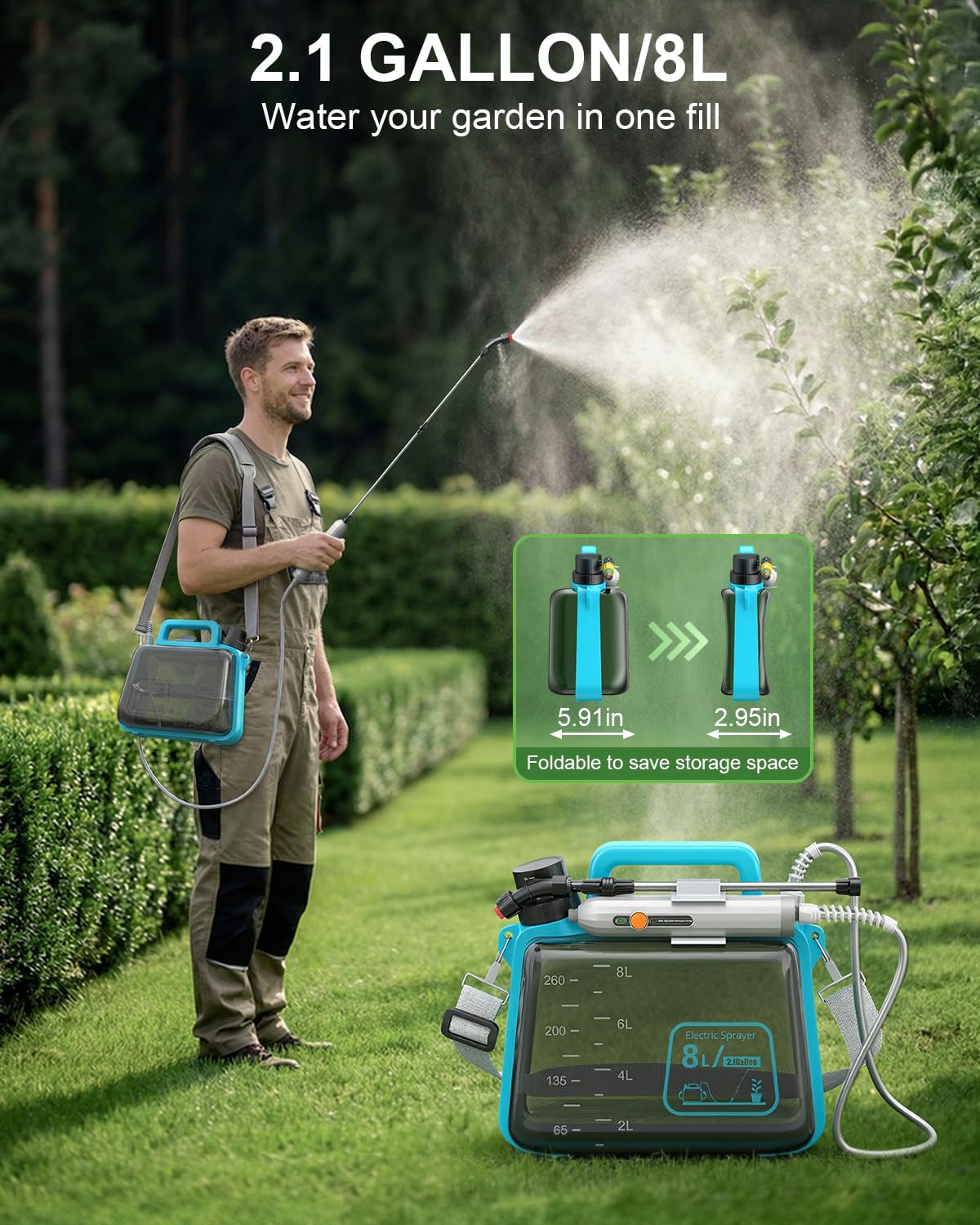 Battery Powered Garden Sprayer 2 Gallon, Electric Pump Sprayer with 3 Mist Nozzles, Rechargeable Handle, Telescopic Wand, Adjustable Strap, Water Spray Weed Sprayer for Lawn, Garden, Yard, Plants