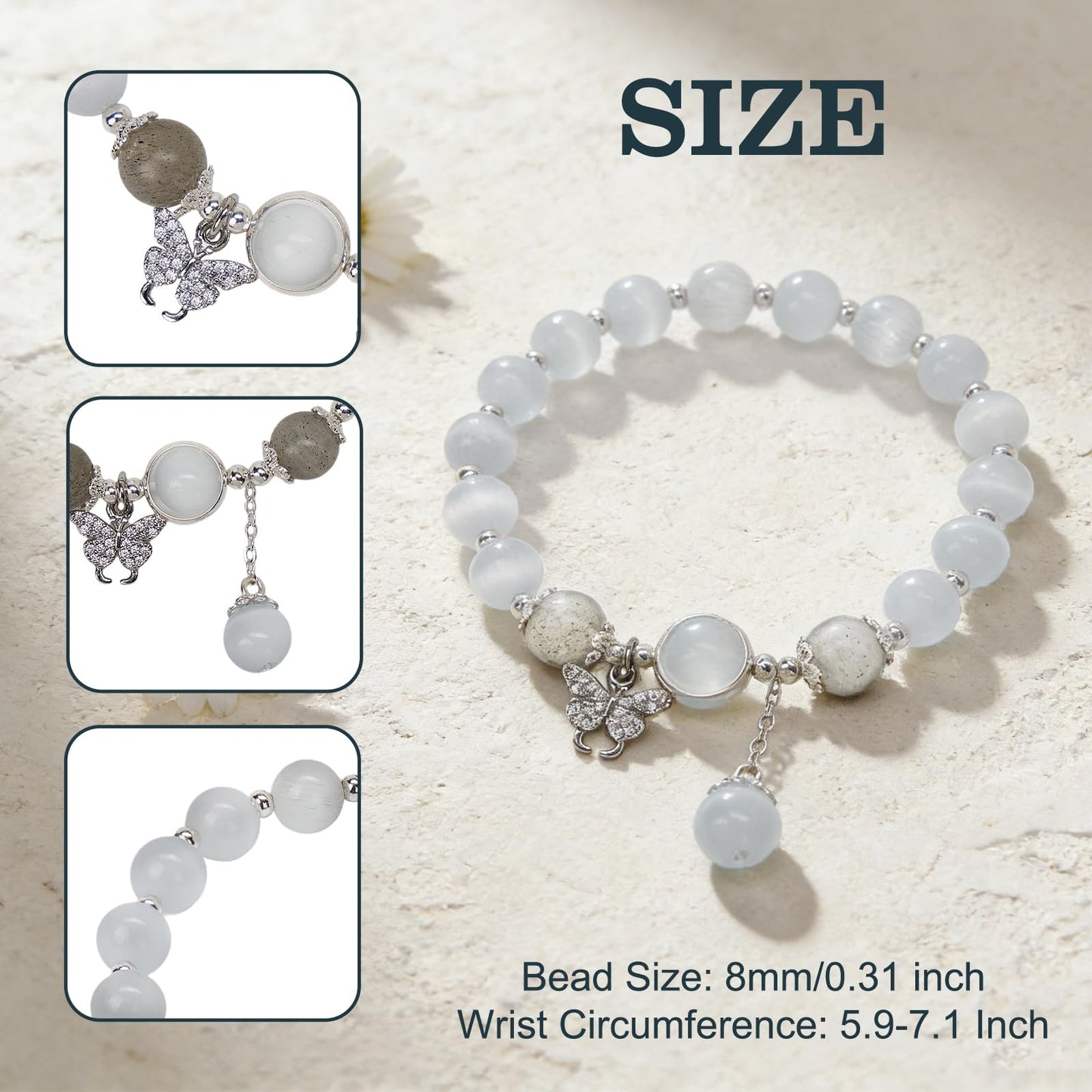Buddha Stones Butterfly Bracelets for Women, 8mm Cats Eye Stone Bracelet with Gray Moonstone Labradorite Butterfly Charm Healing Crystal Beaded Bracelet Meditation Spiritual Jewelry Mothers Day Gifts