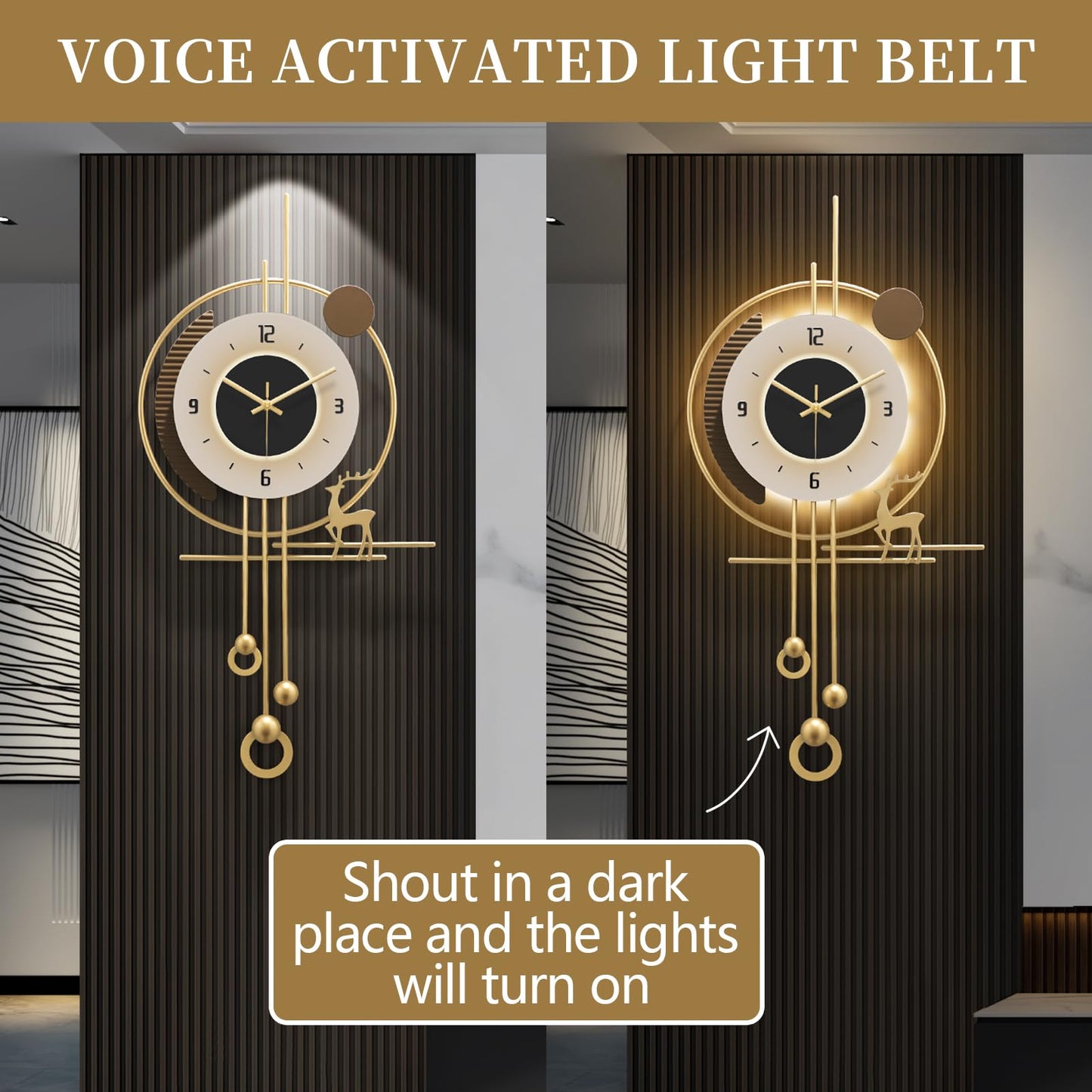 HEBOIX Modern Wall Clock for Living Room,Large Gold Decorative Wall Clock with Light,Creative Silent Clock Battery Operated for Kitchen/Entryway/Bedroom/Office/Dinning Room Metal Wall Decor