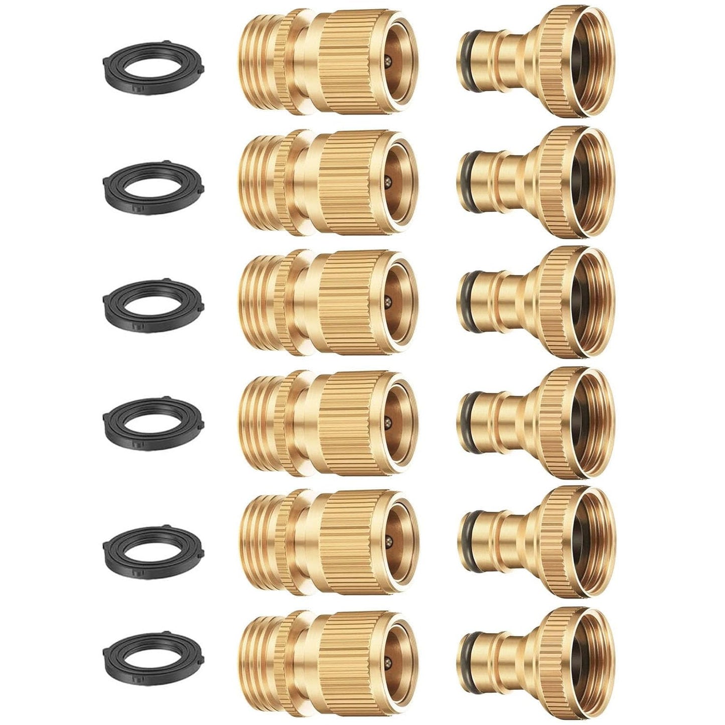 BoArt Garden Hose Quick Connector Set, Solid Brass 3/4 Inch Water Fitings Thread Easy Connect No-Leak Male Female 6 Sets