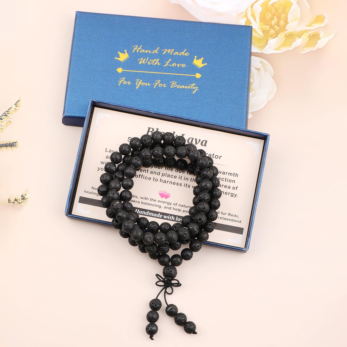 AD Beads 8mm 108 Prayer Mala Black Lava Elastic Bracelet - Warmth Generator - Handmade Yoga Meditation Healing Power Energy Gifts for Unisex Adult.