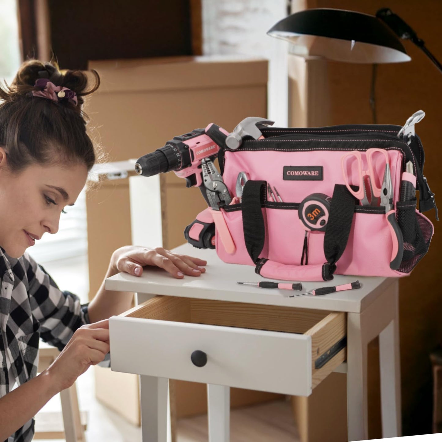 COMOWARE 13-Inch Tool Bag, Pink Soft Storage Bags with Inside Pockets, Wide Mouth Pink Tool Tote Bag