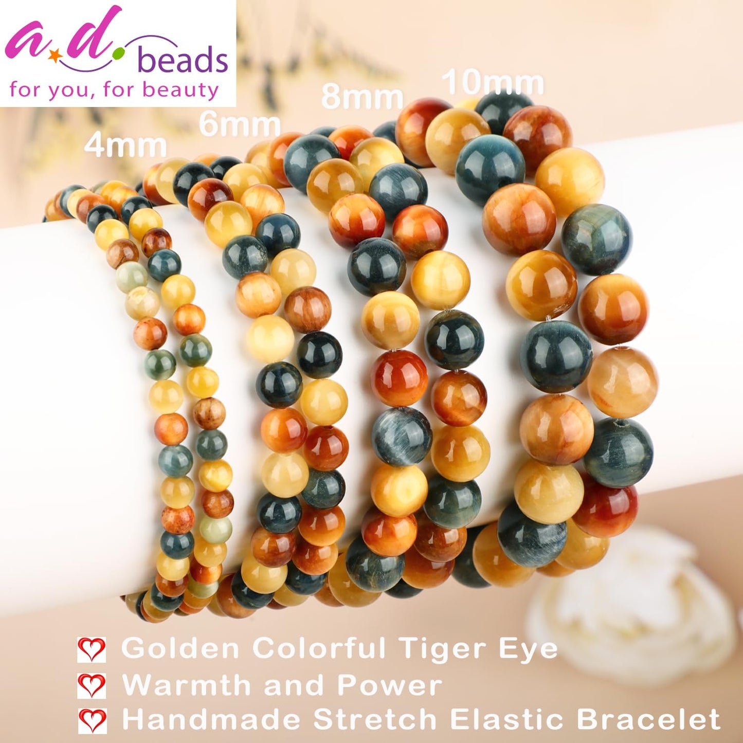 AD Beads 8mm Handmade Golden Colorful Tiger Eye Elastic Bracelet – Natural Gemstone for Warmth and power – Meditation, Yoga, Healing and Energy Gift for Men Women