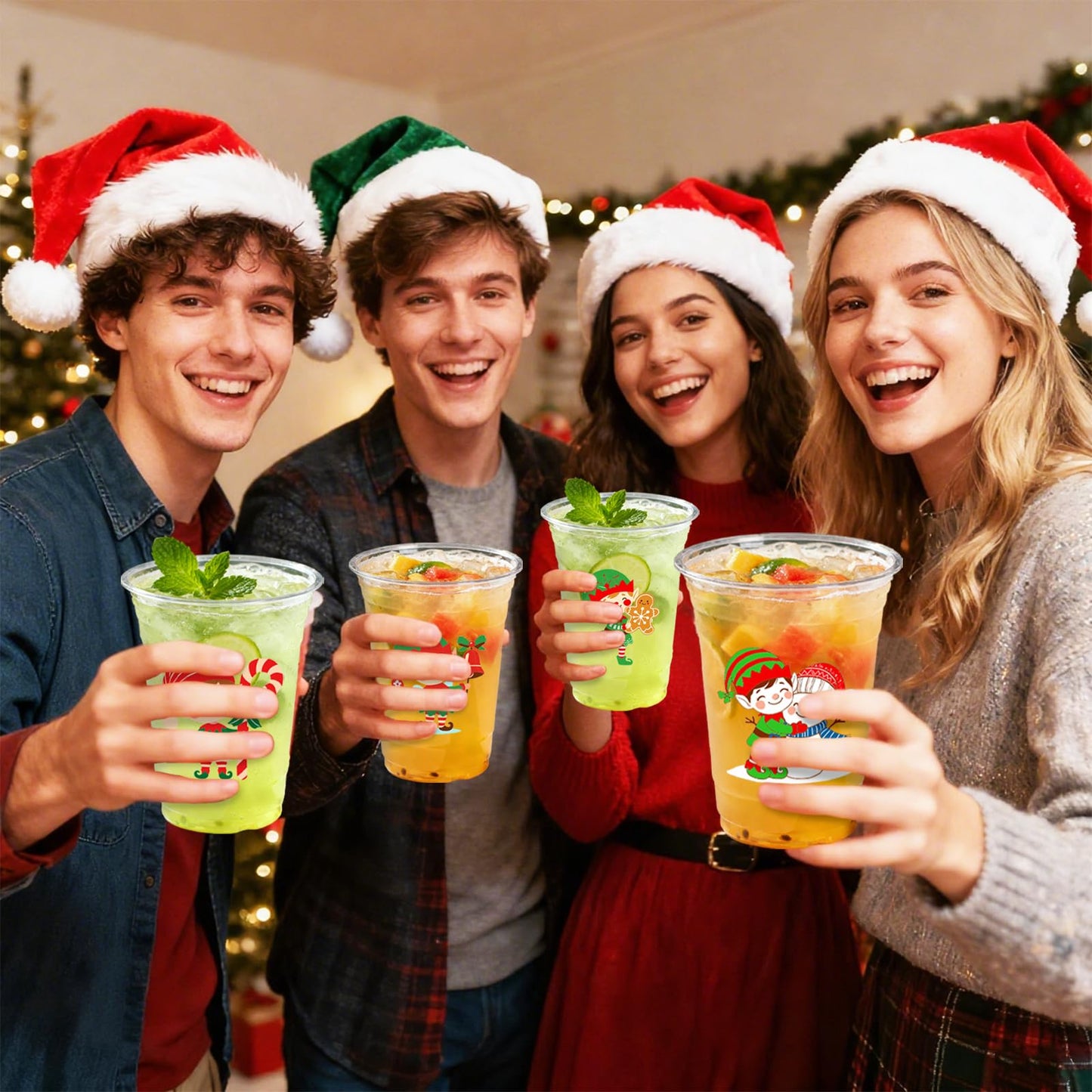 WPDISCZ 40Pcs Christmas Elf Plastic Cups 12 Oz Clear Disposable Christmas Drinking Cups for Xmas Winter Holiday Party Decorations Supplies (4 Styles)