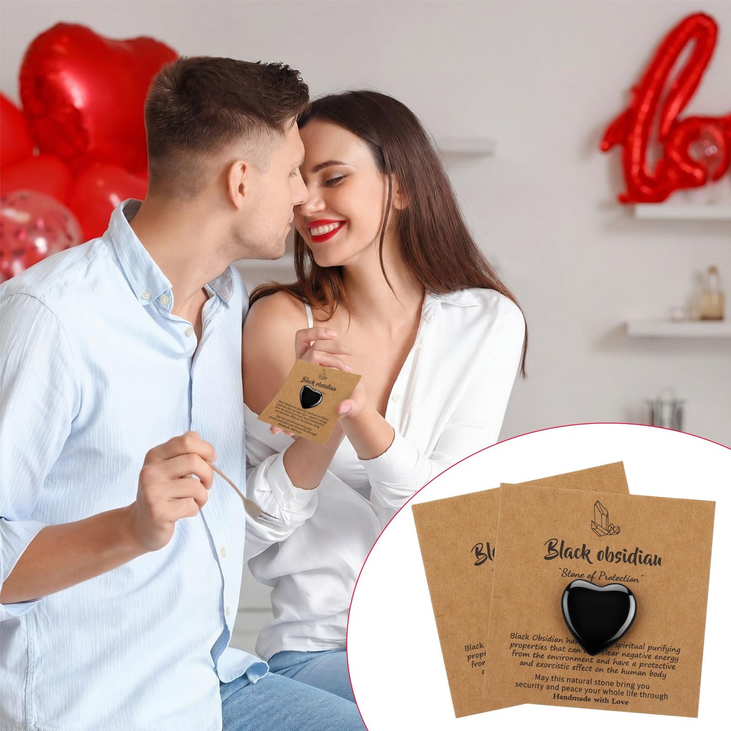 YooNotee 32 Pack Black Obsidian Heart Stone Gift Sets Bulk 0.8 Inch 16 Pcs Crystal Gemstone Crystals Rock with 16 Pcs Cards for Men Women