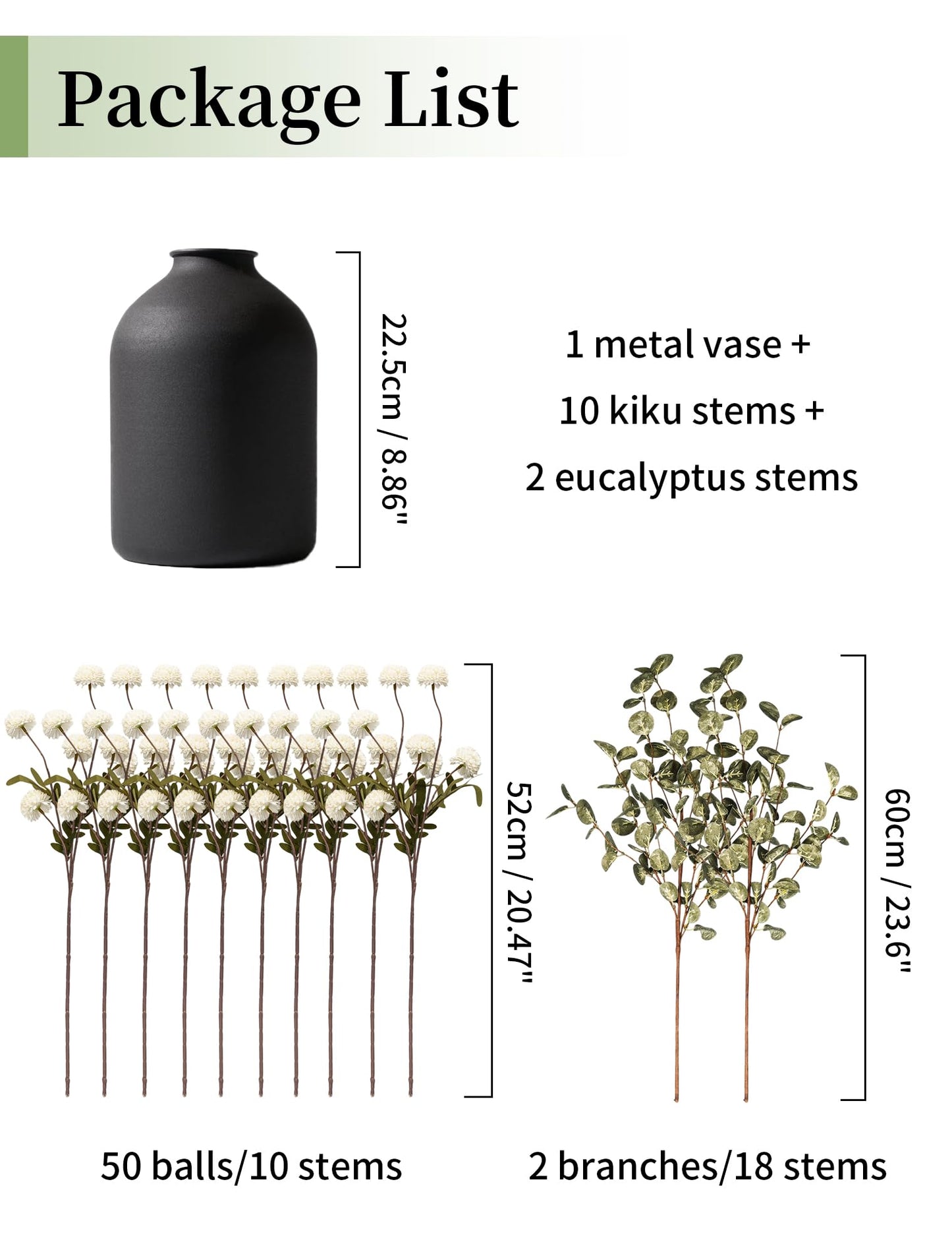 BLOSMON Fake Flowers in Vase for Centerpieces: Metal Vase with 12 Stems of Artificial Mums Kiku Flowers Eucalyptuses Home Table Decor - White Faux Pom Poms Floral Arrangements for Living Room