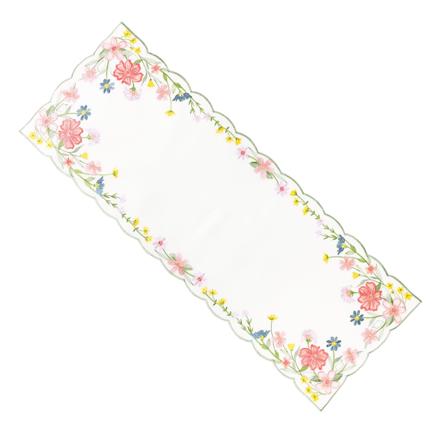 Chlophy Spring Table Runner Embroidered Wildflower Scalloped Small Floral Table Runner Farmhouse Short Flower Runner for Coffee Table Dining Decoration 36 inch Beige