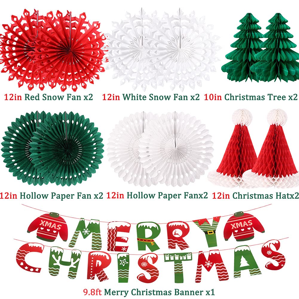 Christmas Party Decorations, Merry Christmas Banner Honeycomb Santa Hats Trees Hanging Snowflakes Paper Fans for Xmas Party Eve Holiday Home Decor