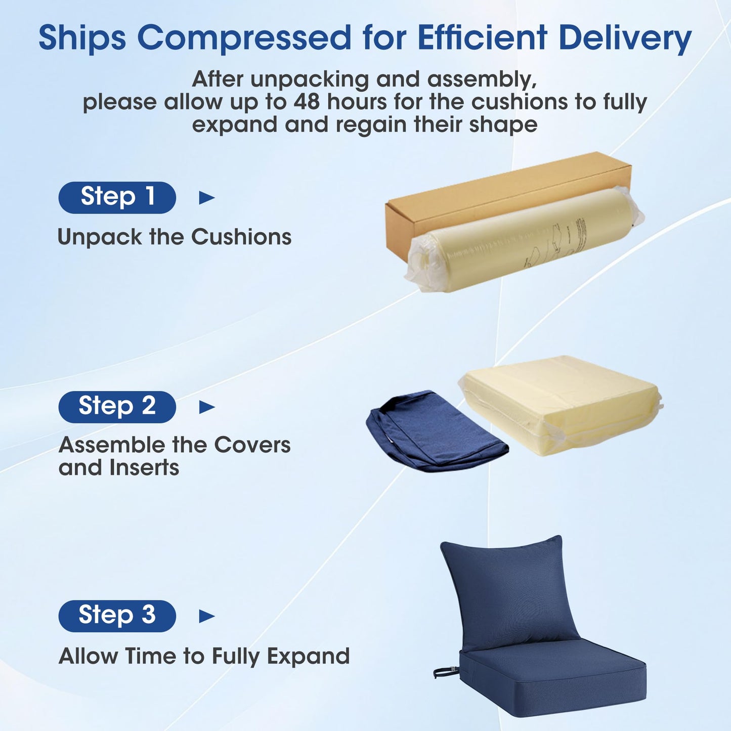 Domvaranique Patio Furniture Cushion Set, 24 x 24 x 6 Extra Thick Deep Seat Outdoor Chair Cushions for Patio Furniture, Olefin Replacement Set, Water Resistant, Removable Cover, Ties and Handle, Blue