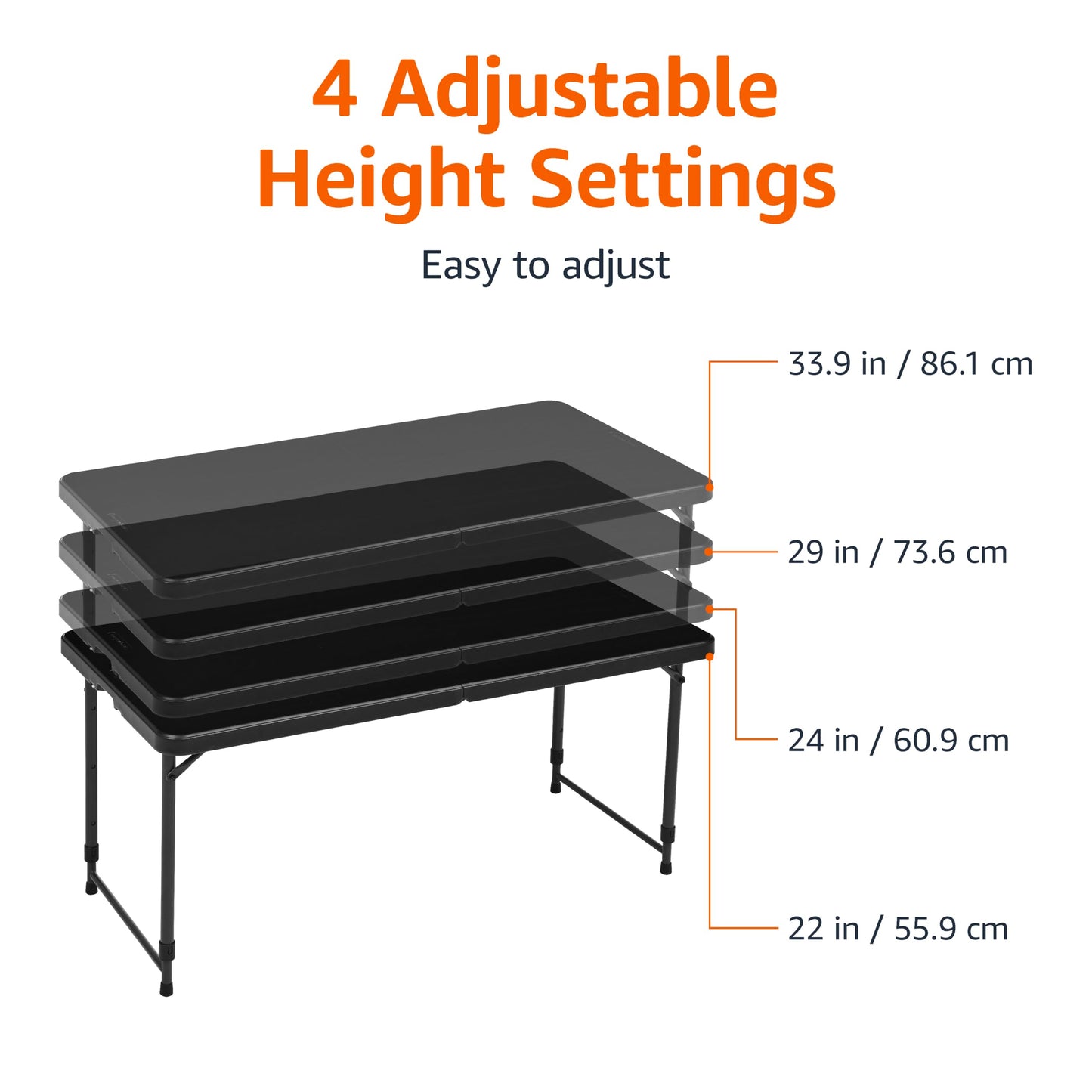 Amazon Basics Portable 4 Ft Rectangular Folding Dining Table, 4 Adjustable Height Settings, Space Saving Fold-in-Half Design and Carrying Handle, Indoor & Outdoor, Washed Black, 47.8 x 23.9 x 33.9 in