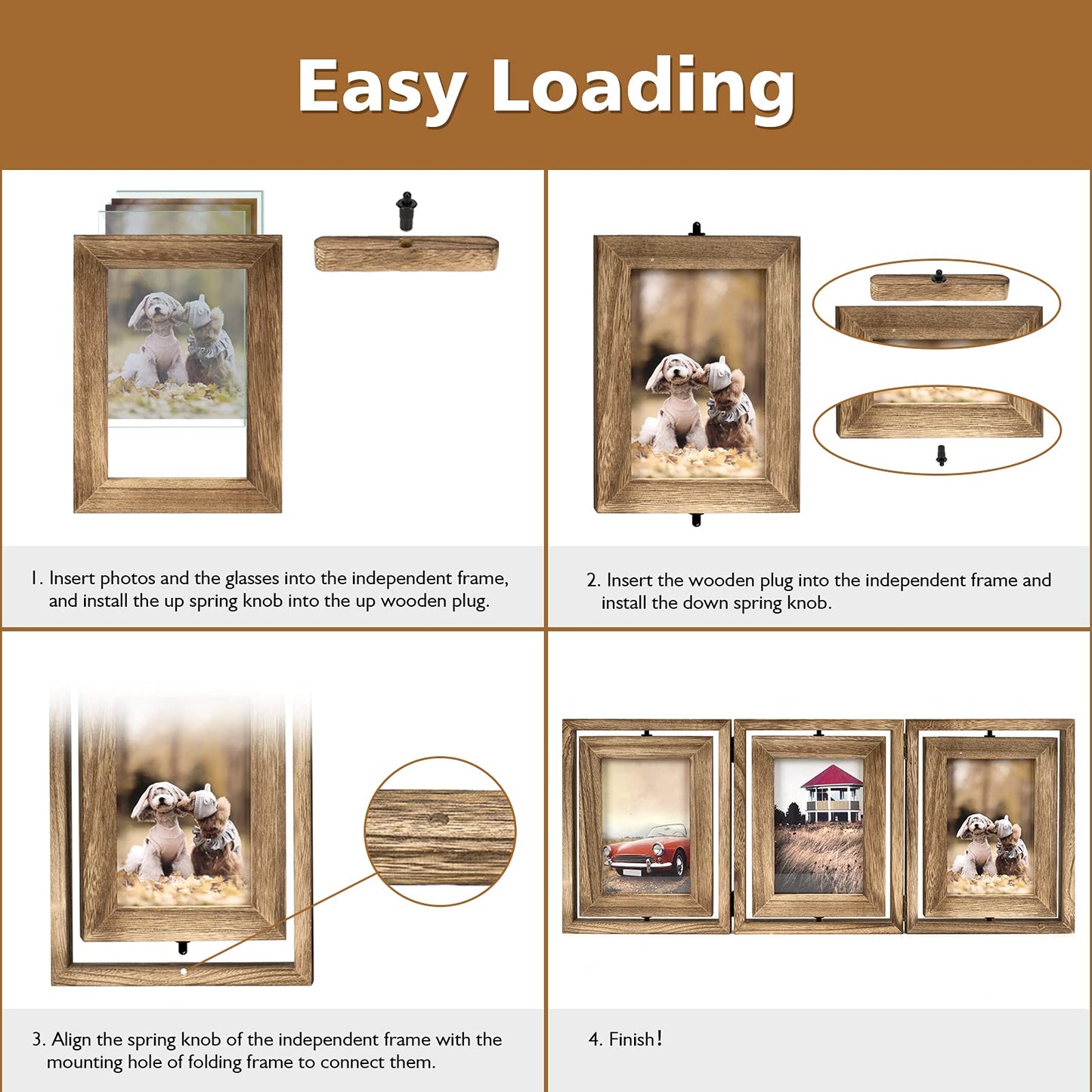 Emfogo 4x6 Picture Frame Rustic Wood Hinged Folding Triple Picture Frames Collage, Double-Sided Display Rotatable High Definition Glass Photo Frame for Home TableTop(Carbonized Black)