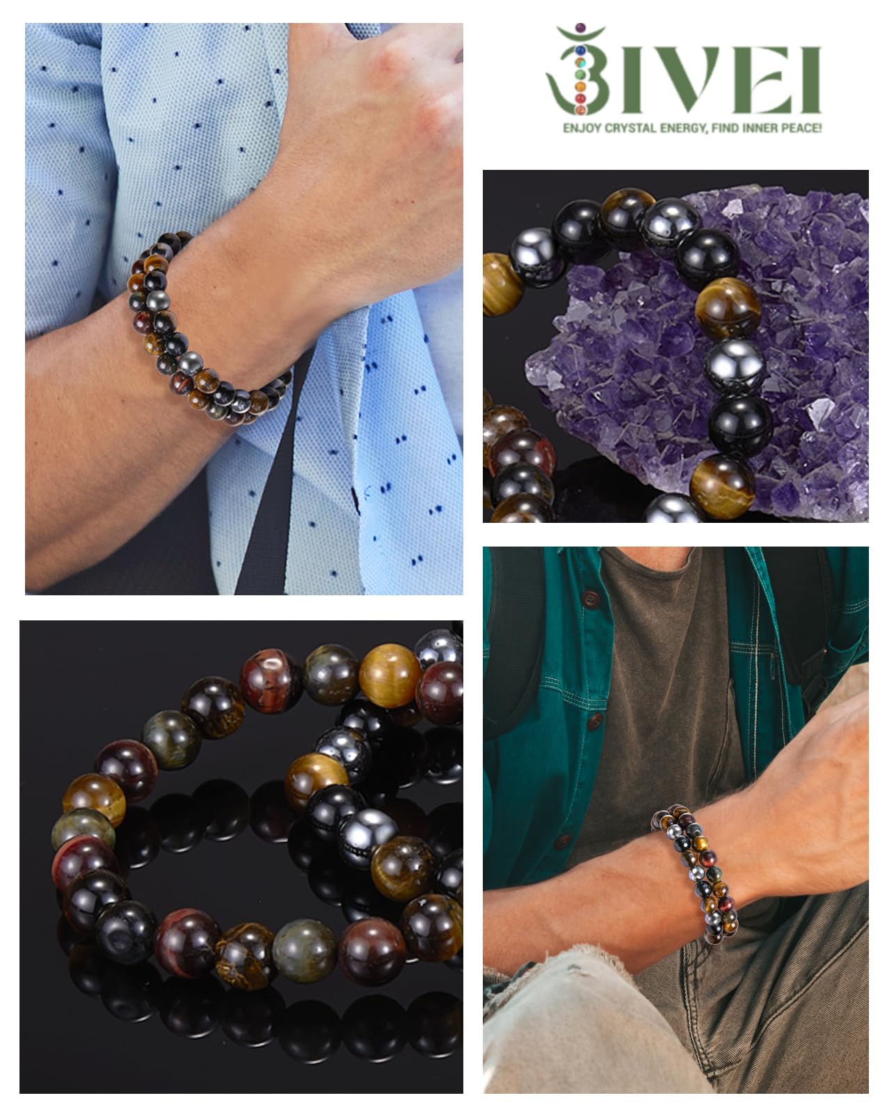 Bivei Natural Gemstone Semi Precious Crystals Handmade Stretchy Round Beads Bracelet, Enhance Positive Energy,Stocking Stuffers for Women(Triple Protection SetSmall)