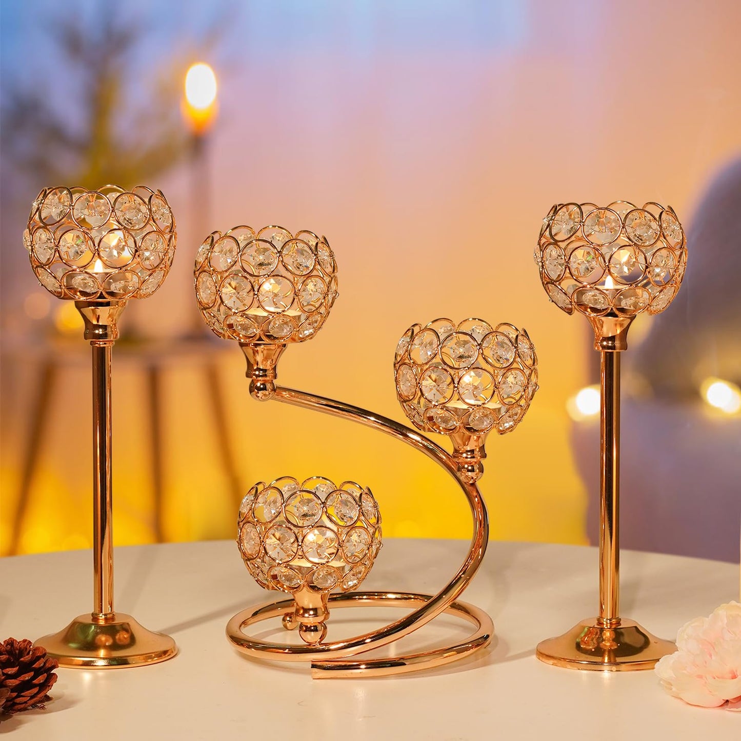 KEHAIL Gold Metal Crystal Candle Holder Set of 3 - Elegant 5-Arm Metal Tea Light Centerpiece with Shining Crystal Bowl, Wedding Anniversary Table Decor for Dining, Party