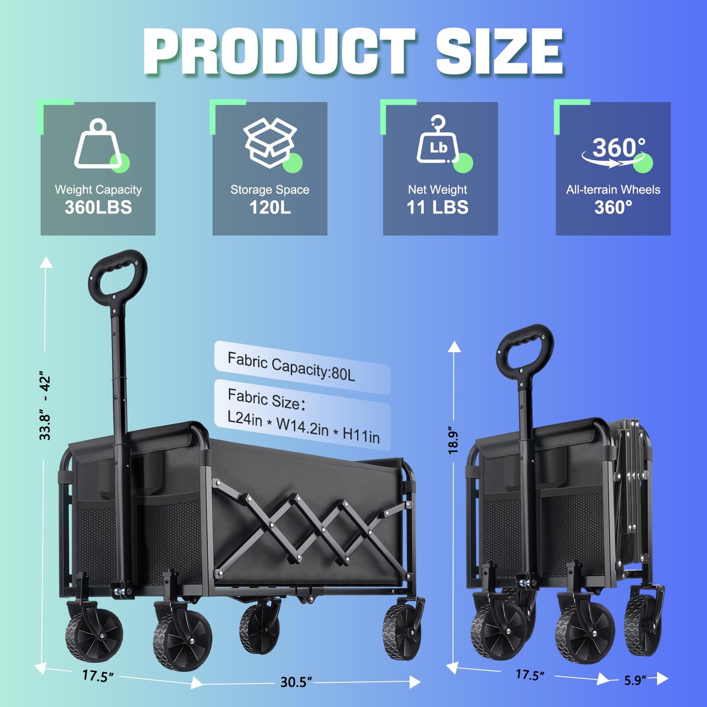360LBS Collapsible Wagon Cart with Wheels - Heavy Duty Folding Wagon Carts for Grocery, Lightweight Utility Wagon with All-Terrain Wheels & 2 Cup Holders, Portable Beach Wagon for Shopping Garden