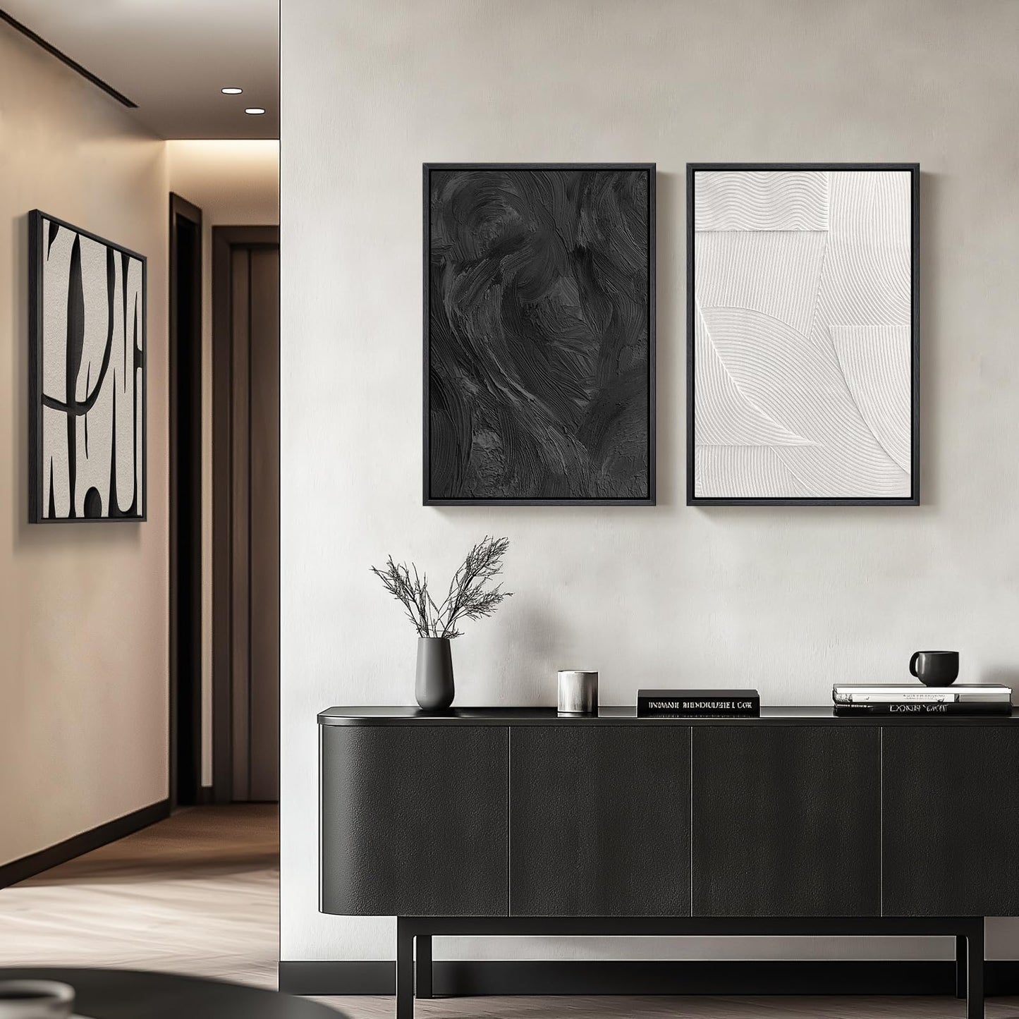 Framed Black and White Abstract Wall Art, 3 Piece Modern Canvas Prints Paintings Art for Walls, Minimalist Black White Abstract Pictures for Living Room Bedroom Dining Room Office Wall Decor 16x24 In