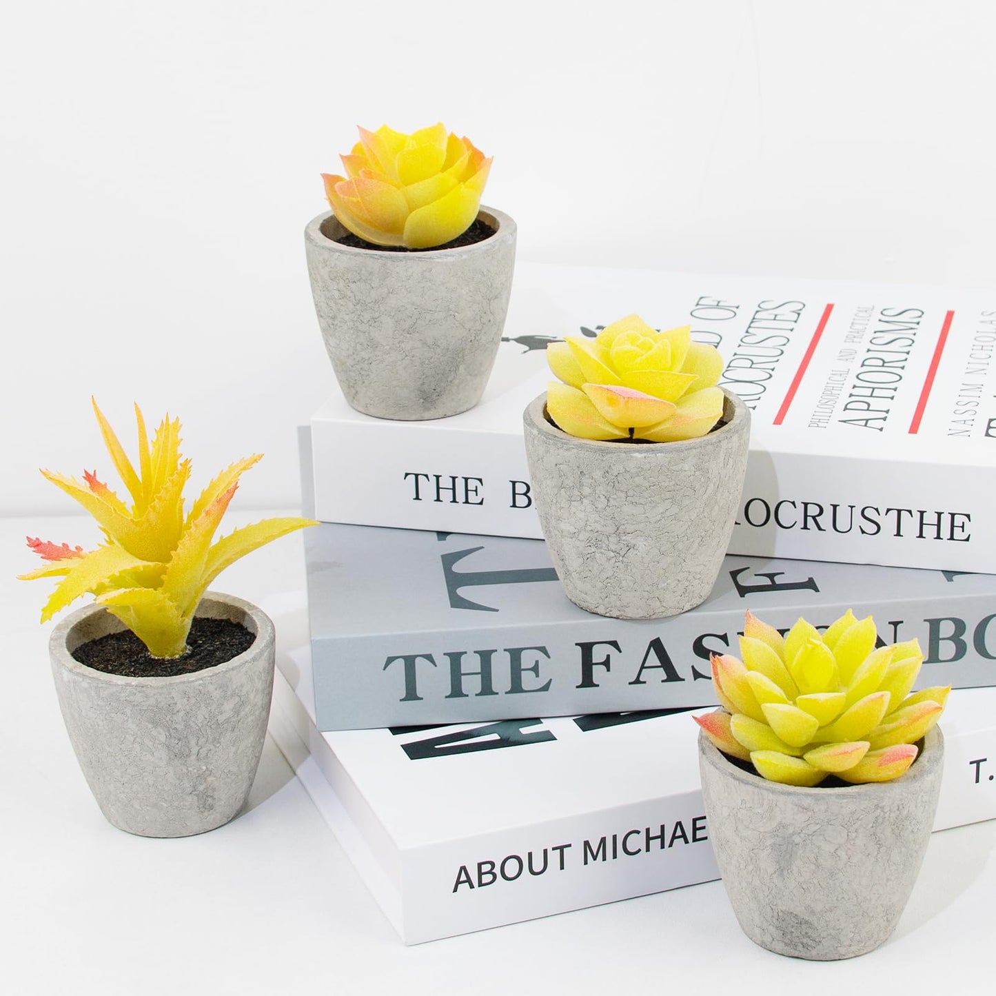 LUZOGA Set of 4 Small Yellow Fake Succulent Plants - Mini Artificial Succulents for Bathroom, Living Room, Office Desk, Coffee Table, Kitchen Shelves - Aesthetic Indoor Shelf Decor