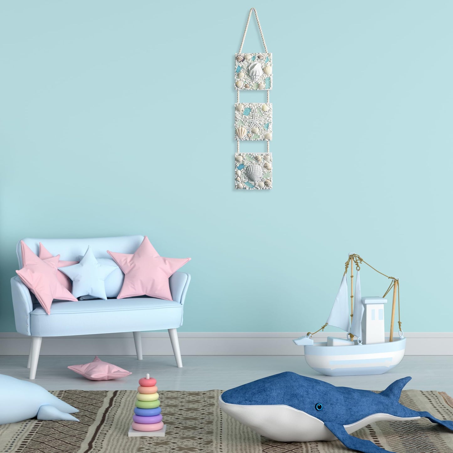 flangairy Coastal Wall Decor 3D Seashell Starfish Conch Wall Hanging, 20.5 * 4.3 Inches Beach Nautical Ocean Theme Bathroom Home Summer Decorations Sea Shell Art