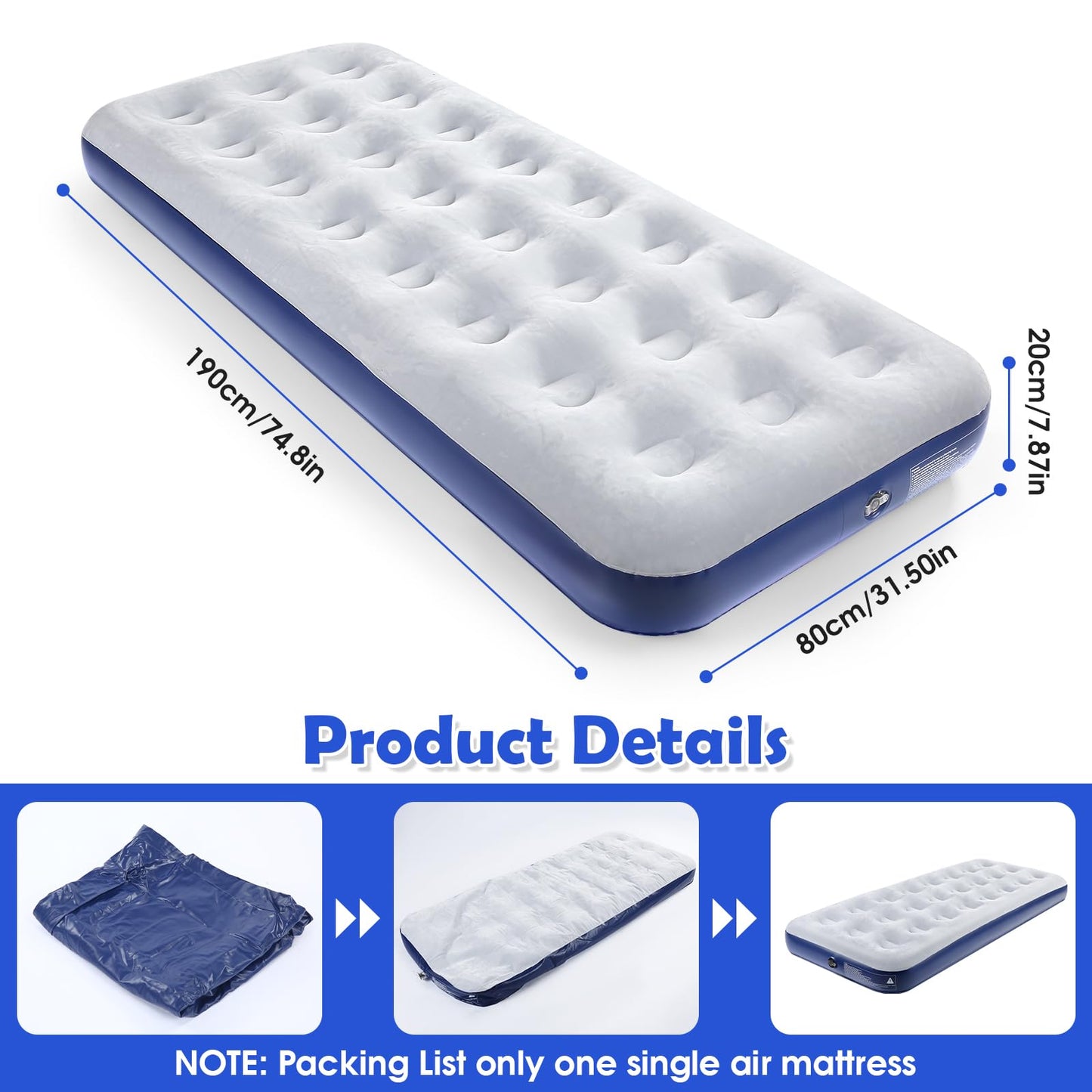 QDH Camping Air Mattress Inflatable Air Bed Flocked Surface Travel Bed Sleeping Pad Air Bed for Outdoor Camping Tent Guest Travelling(2 PCS)