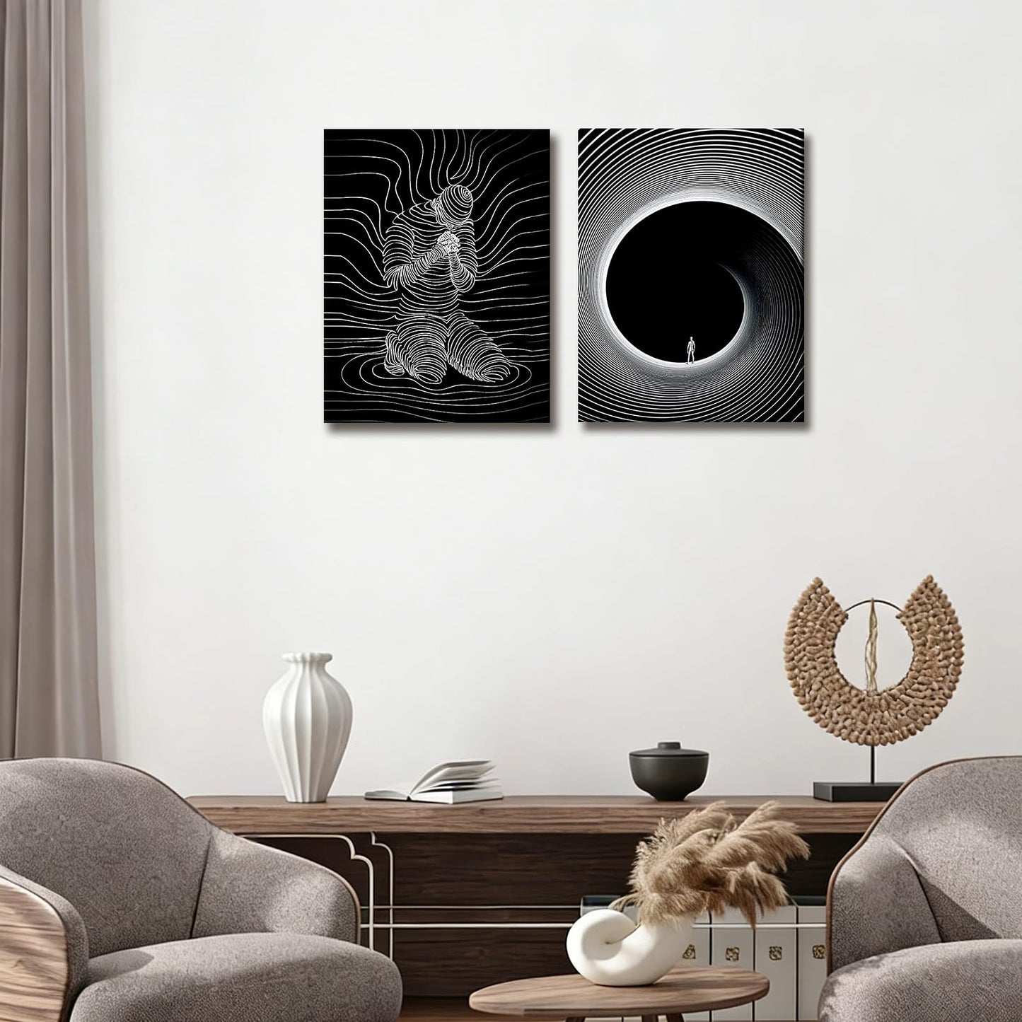 AUUAUU 2 Pcs Abstract Line Art Wall Art Black and White Modern Canvas Painting Minimalist Mental Health Wall Decor Surreal Human Figure Tunnel Art Prints for Living Room Bedroom 12x16 Inches