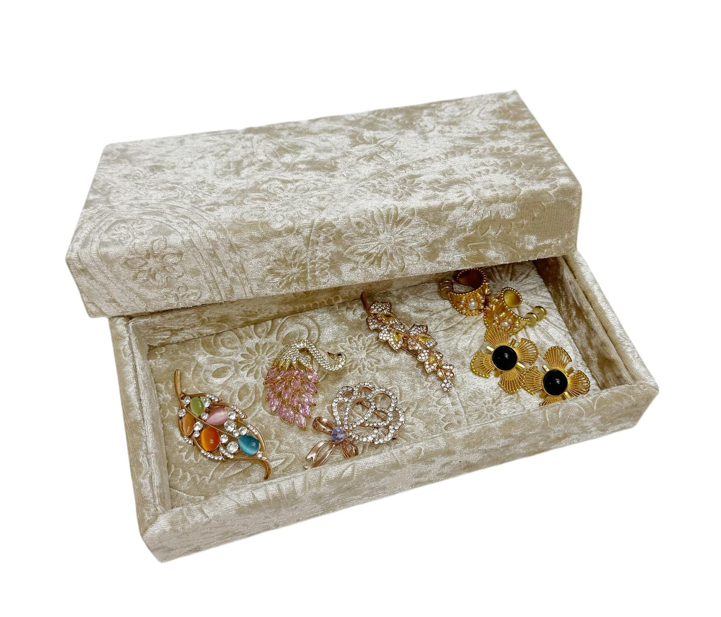 AgentMoon 2 Piece Set Sunglass or Jewelry Temporary Storage Tray. Stackable Velour Wrap Tray for Watch iPhone Earring etc. Bedside Makeup Accessories Organizer. 20 x 10 x 3cm. (Embossed Beige)