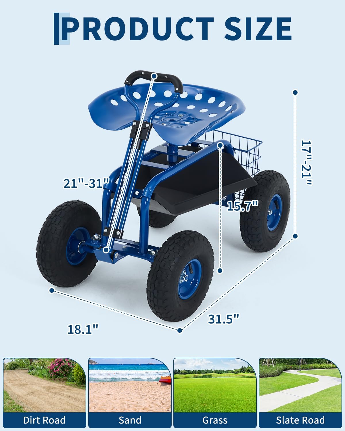 Heavy Duty Garden Cart, Garden Scooter Rolling Work Seat, 360° Swivel with 10-Inch All-Terrain Inflatable Tires, Extendable Steering Handle & Metal Tool Tray for Planting, Weeding, Yard Work