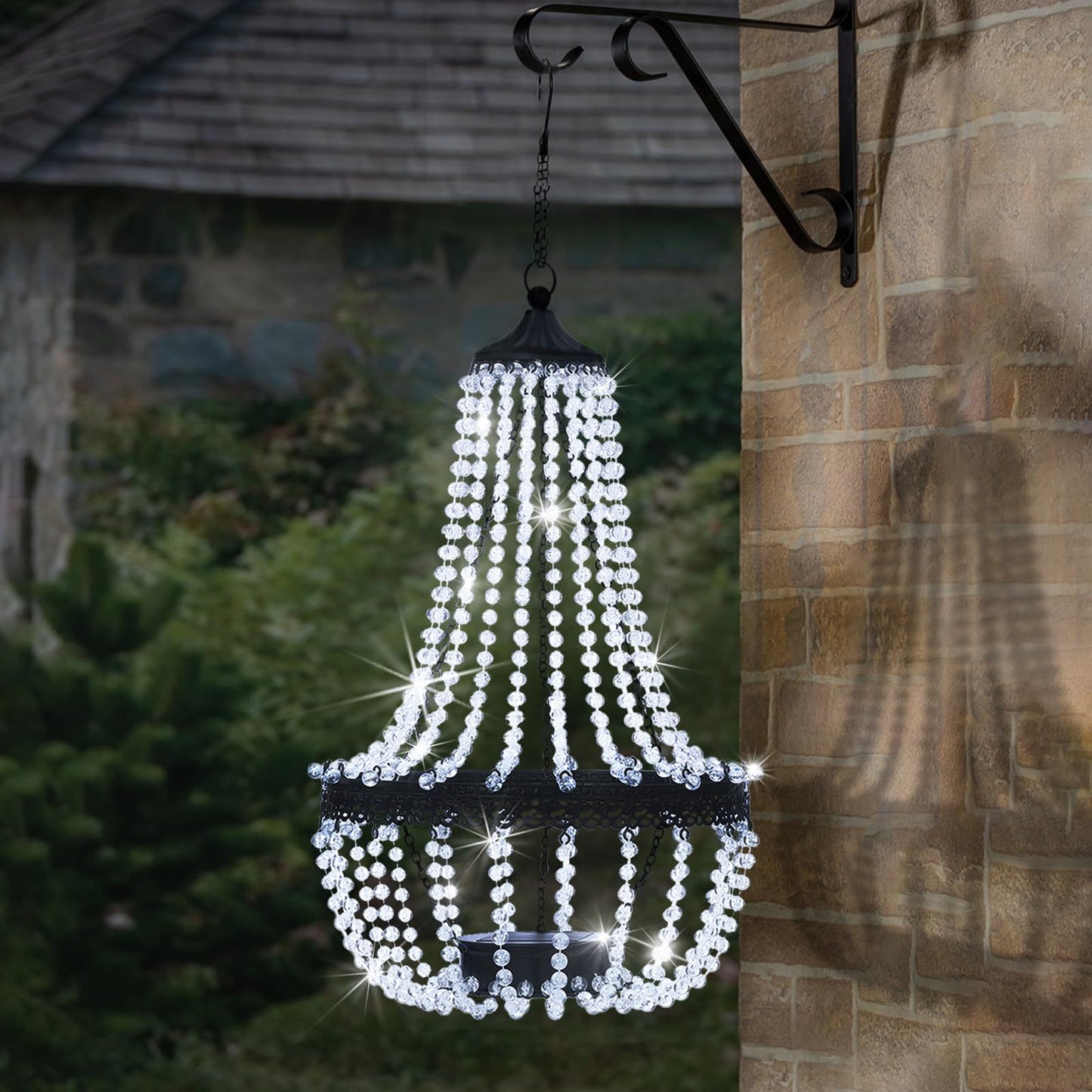Hanging Solar Chandelier Outdoor Lantern, 30 Cool White Lights Acrylic Clear Beaded Chandelier with S Hooks Modern Lantern for Garden Yard Patio Gazebo Decorations, 28”H