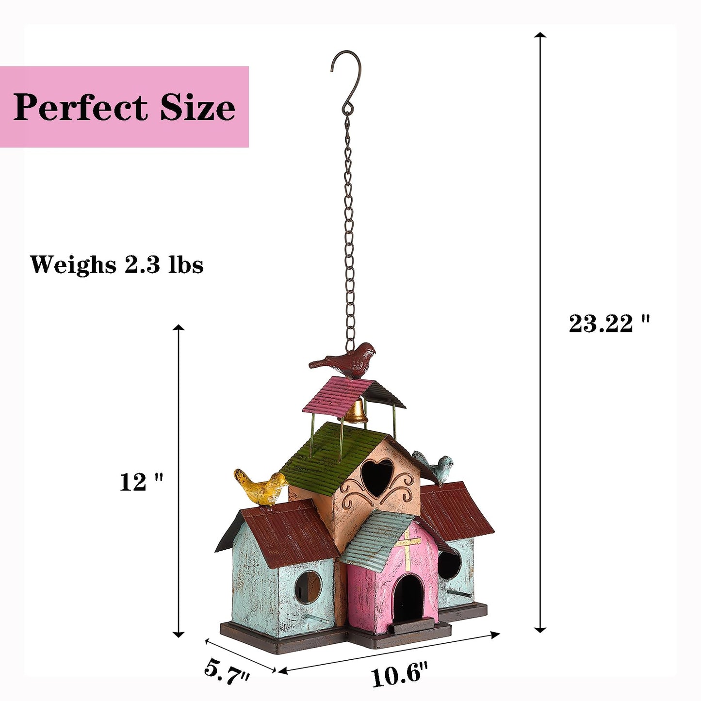 MOCOME Large Bird Houses for Outside Hanging, 4 Hole Outdoor Bird House with Bell, Easy Clear, Colorful Metal Bird Houses for Outside.
