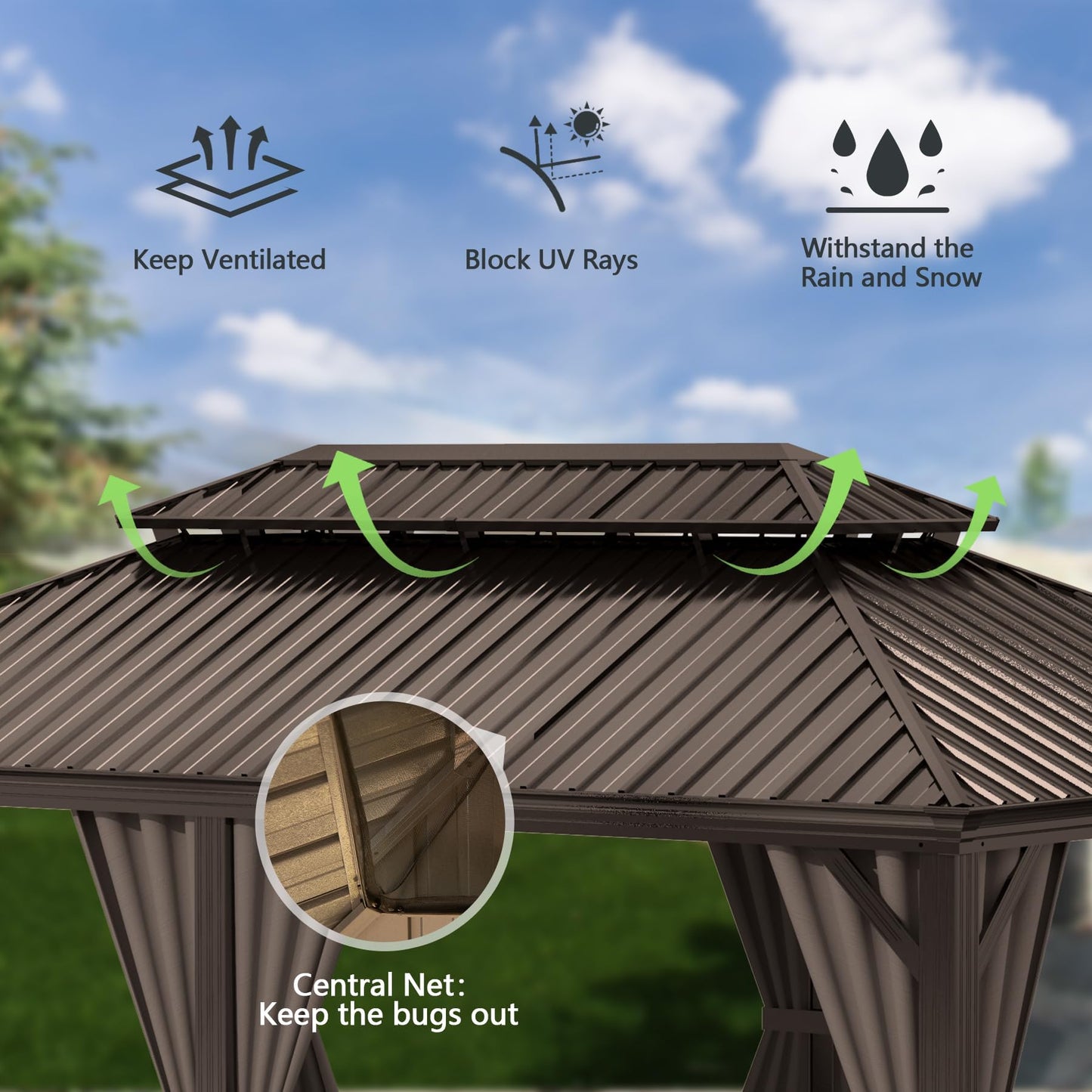 Domi 14x24FT Outdoor Gazebo, Hardtop Gazebo with Galvanized Steel Double Roof, Metal Gazebos with Drainage System Patio Pergola for Patio Deck Backyard,Curtain and Netting,Brown