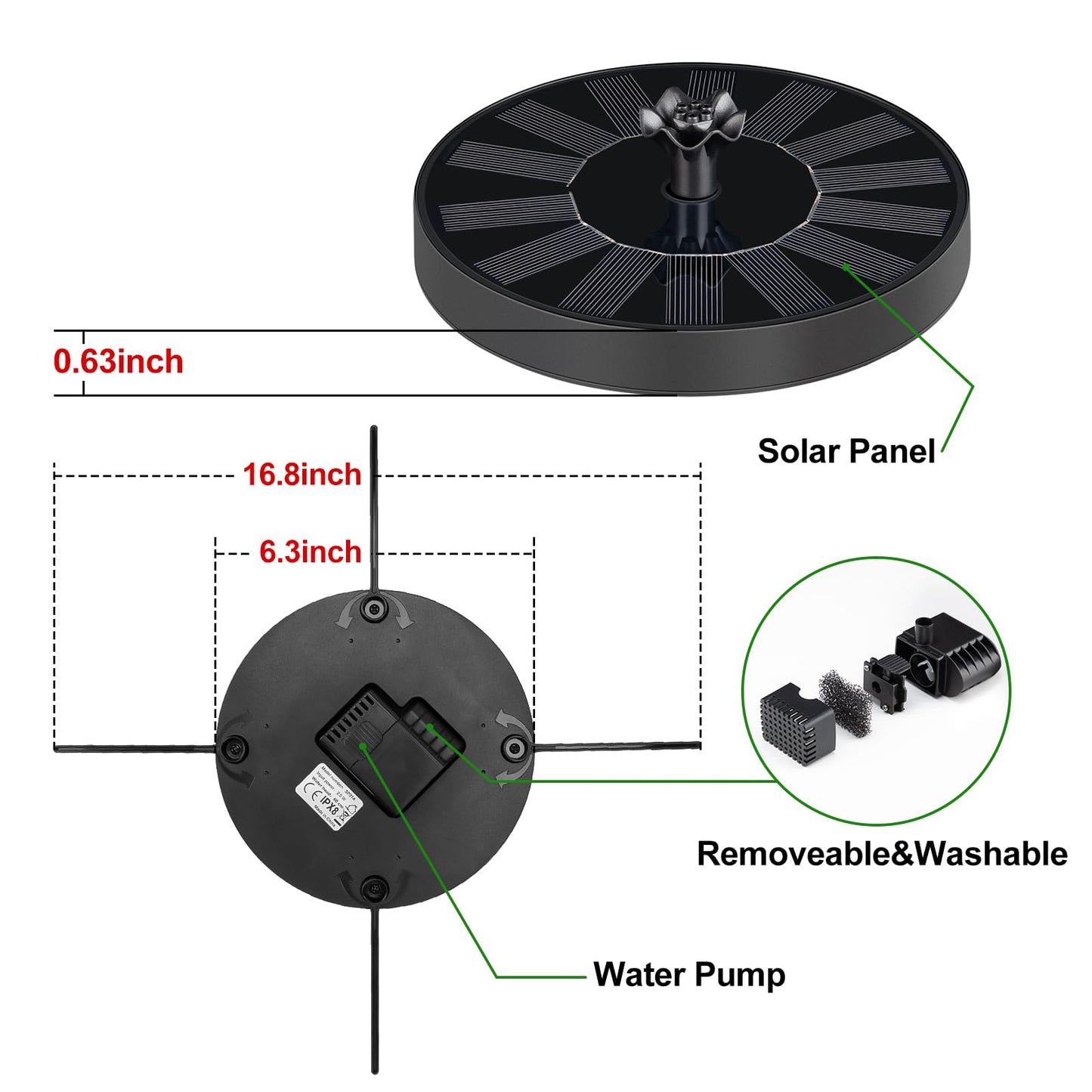 SEIRMEP Solar Fountain Pump with Spray Height Adjustment, Upgrade Glass Solar Bird Bath Fountains with 6 Nozzles, Outdoor Solar Water Fountain Pump for Bird Bath, Garden, Pool, Pond