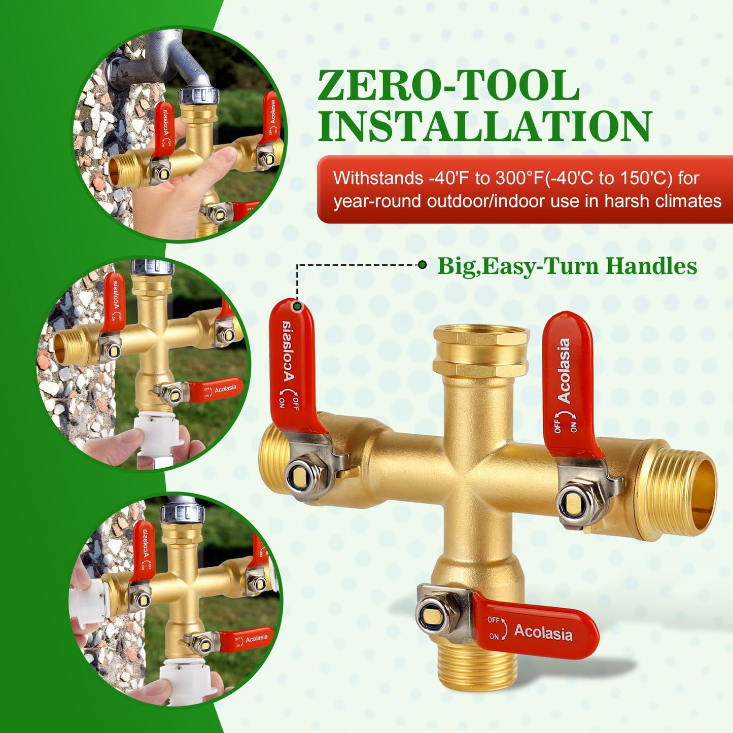 Hose Splitter 3 Way Heavy Duty Brass Garden Hose Splitter with 304 Stainless Steel Long Handle Outdoor Full Flow Hose Splitter Connector, 3/4" GHT Thread