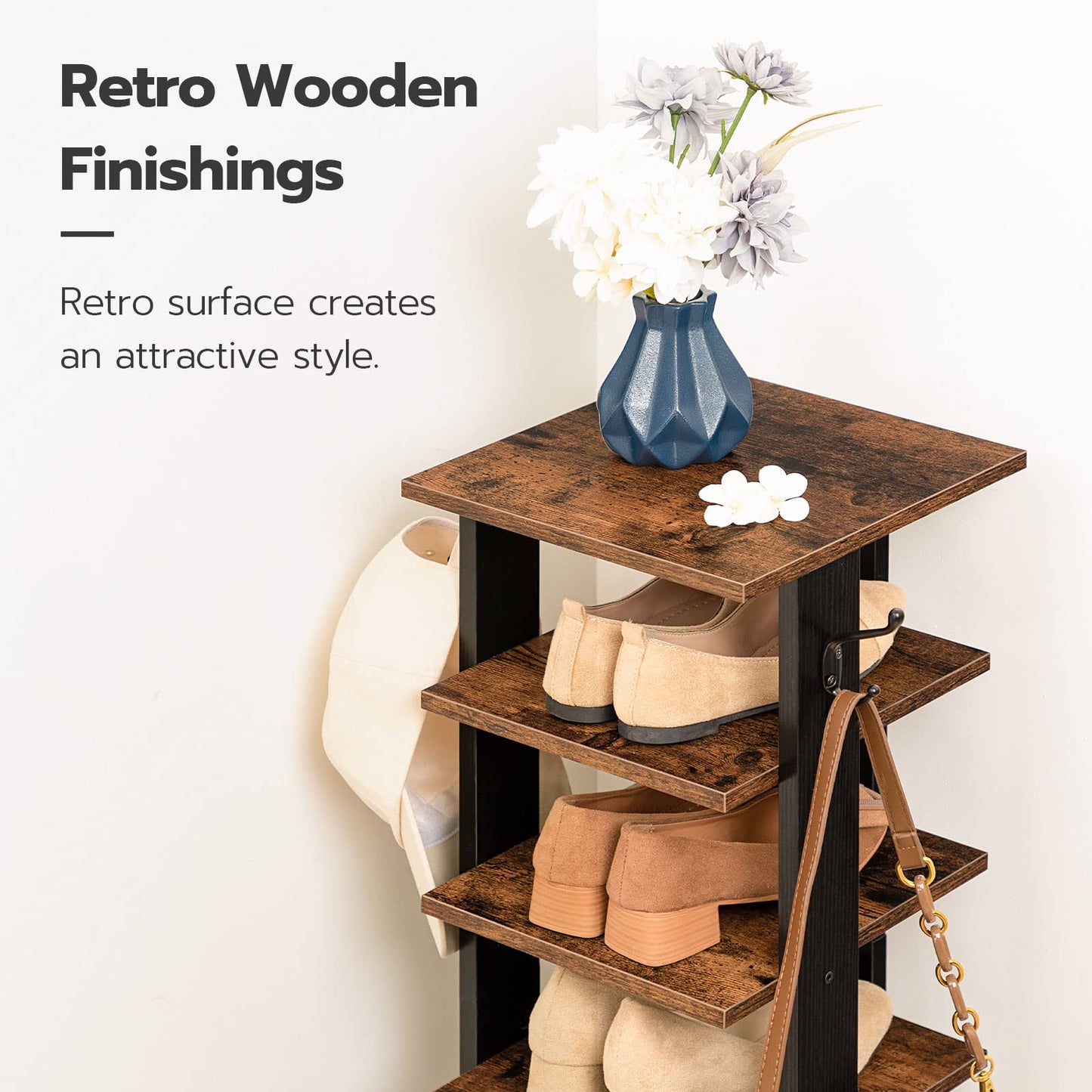 HOOBRO 8 Tiers Vertical Shoe Rack, Wooden Shoe Storage Organizer with Hooks, Narrow Shoe Tower for 8 Pairs, Space Saving, for Entryway, Living Room, Bedroom, Rustic Brown BF07XJ01G1