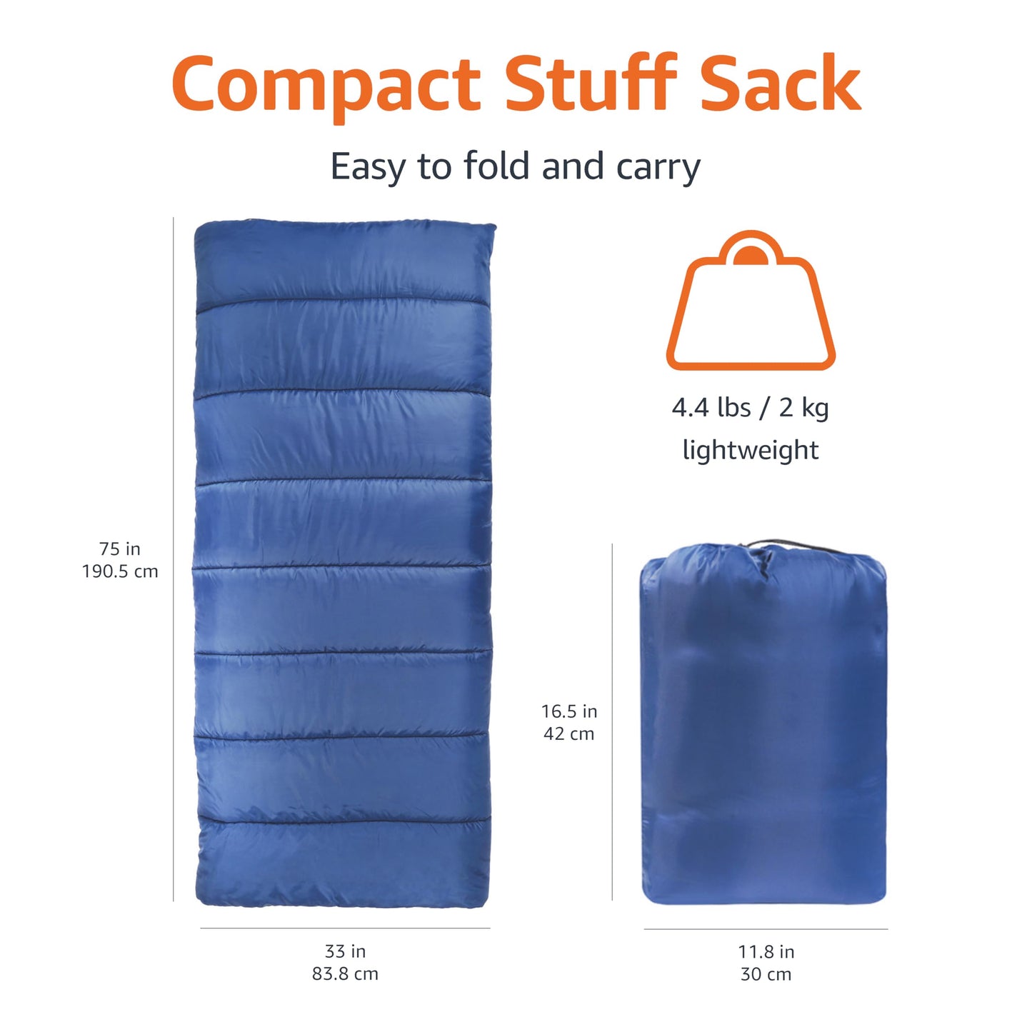 Amazon Basics 30°F Cool Weather Sleeping Bag for Adults, Warm and Comfortable, Compact Lightweight, 75" x 33", Blue