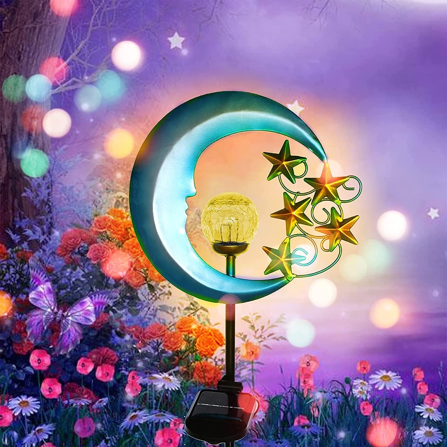 EPROSMIN Stars Moon Solar Lights Outdoor - Solar Powered Garden Lights Decorative Crackle Glass Globe Led Waterproof Landscape Lighting for Pathway,Yard,Lawn,Patio