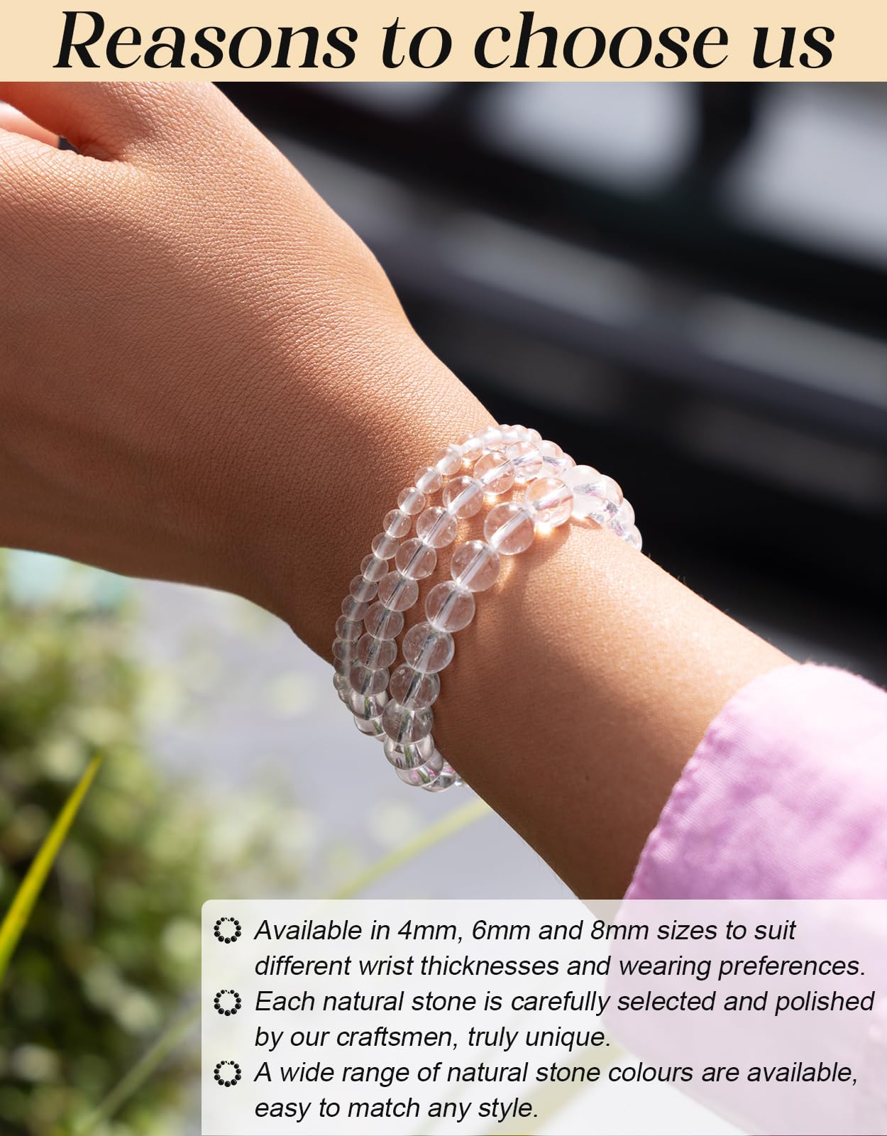 Landorilo Beaded Bracelet for Men Women, 8mm Natural Stone Clear Quartz Healing Crystal Stretch Bracelets, Ideal Christmas Birthday Jewelry Gifts with Energy Card，Replacement Beads Included