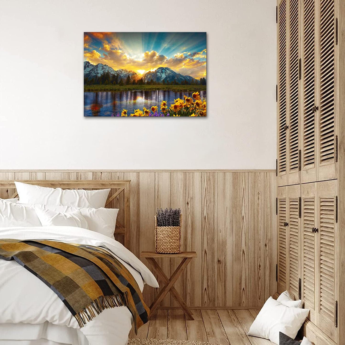 SKASNFAI Grand Teton National Park Wall Art Sunflower Landscape Canvas Mountain Artwork Landscape Print for Living Room Framed (24x36 inch)