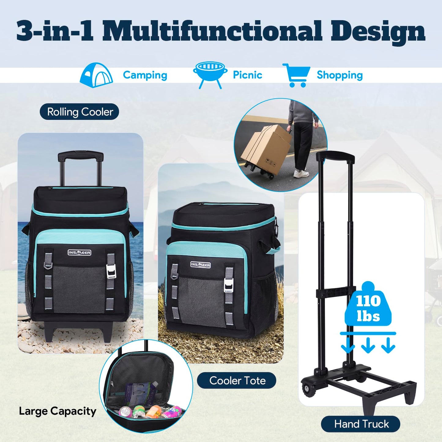 INSMEER Cooler with Wheels and Handle, 80 Cans/50L, Portable Rolling Coolers (Black)