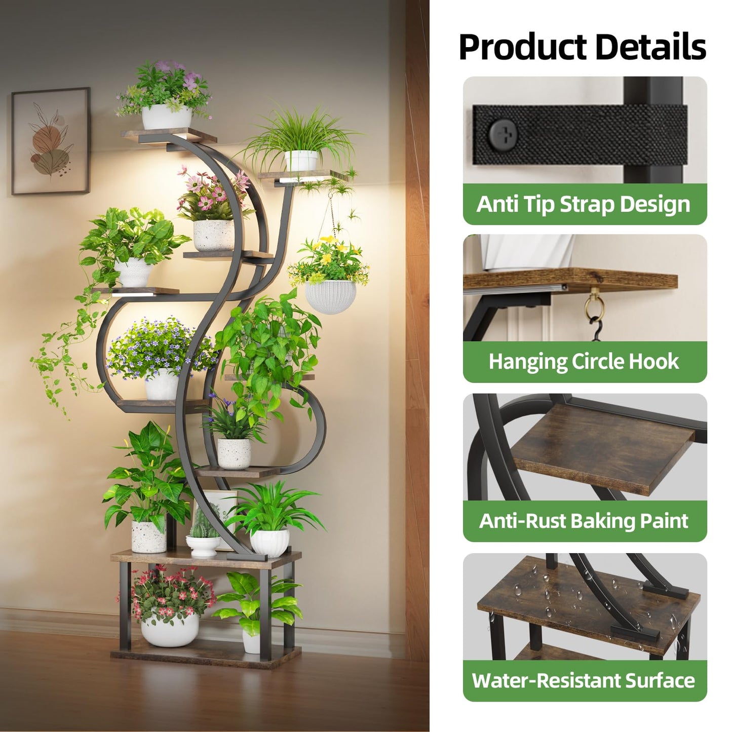 runjuly Plant Stand Indoor with Grow Light, 9 Tiered Indoor Plant Stand, 68" Tall Flower Stand Plant Shelf Indoor, Double S Shape Plant Holder, Versatile Plant Hanger for Living Room, Bedroom, Patio