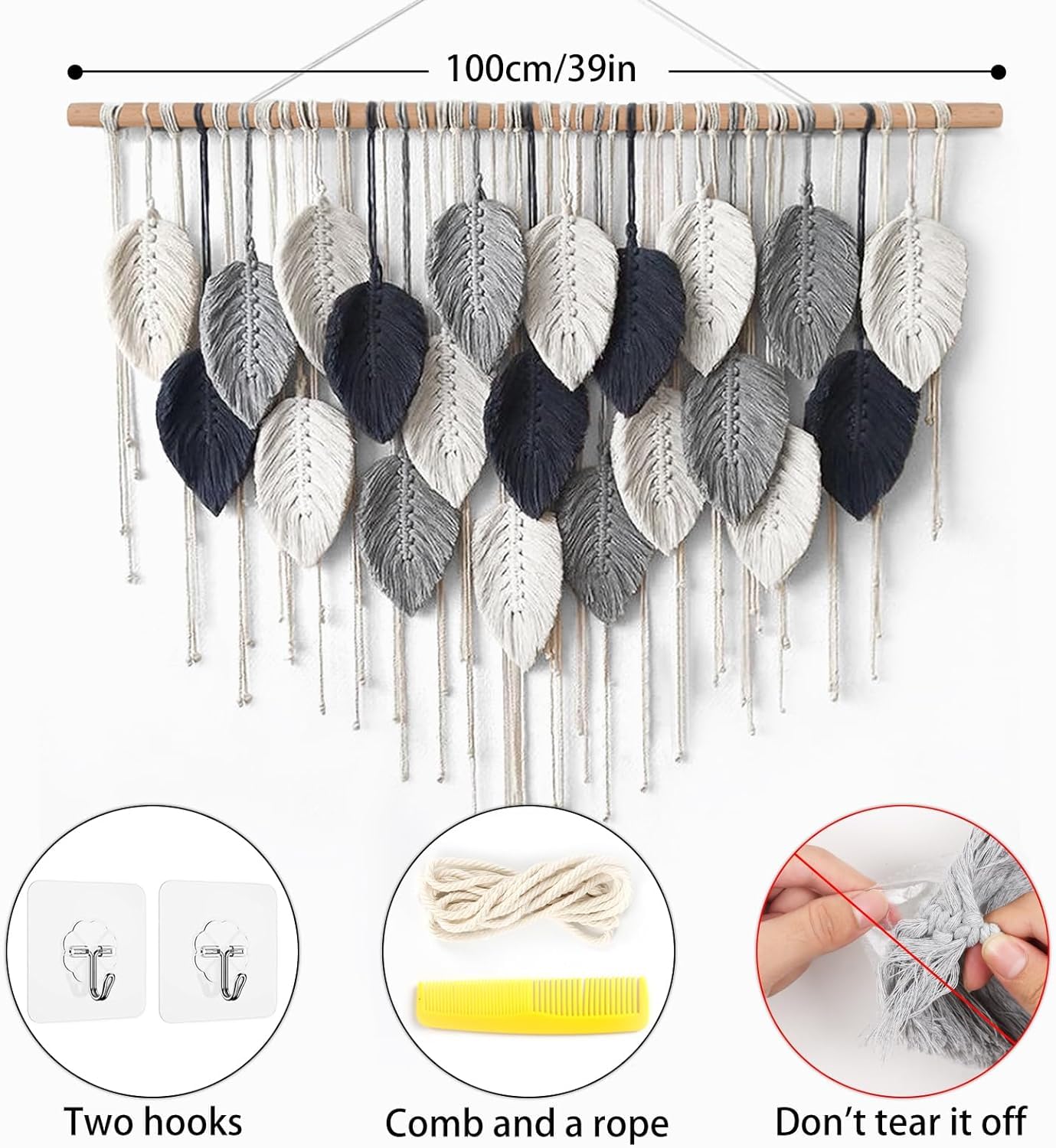 Weldomcor Macrame Wall Hanging Leaf Woven Tapestry Bohemian Chic Wall Hanging Feather Large Handmade Wall Art Decor for Bedroom Living Room Apartment Ornament, 39 inch