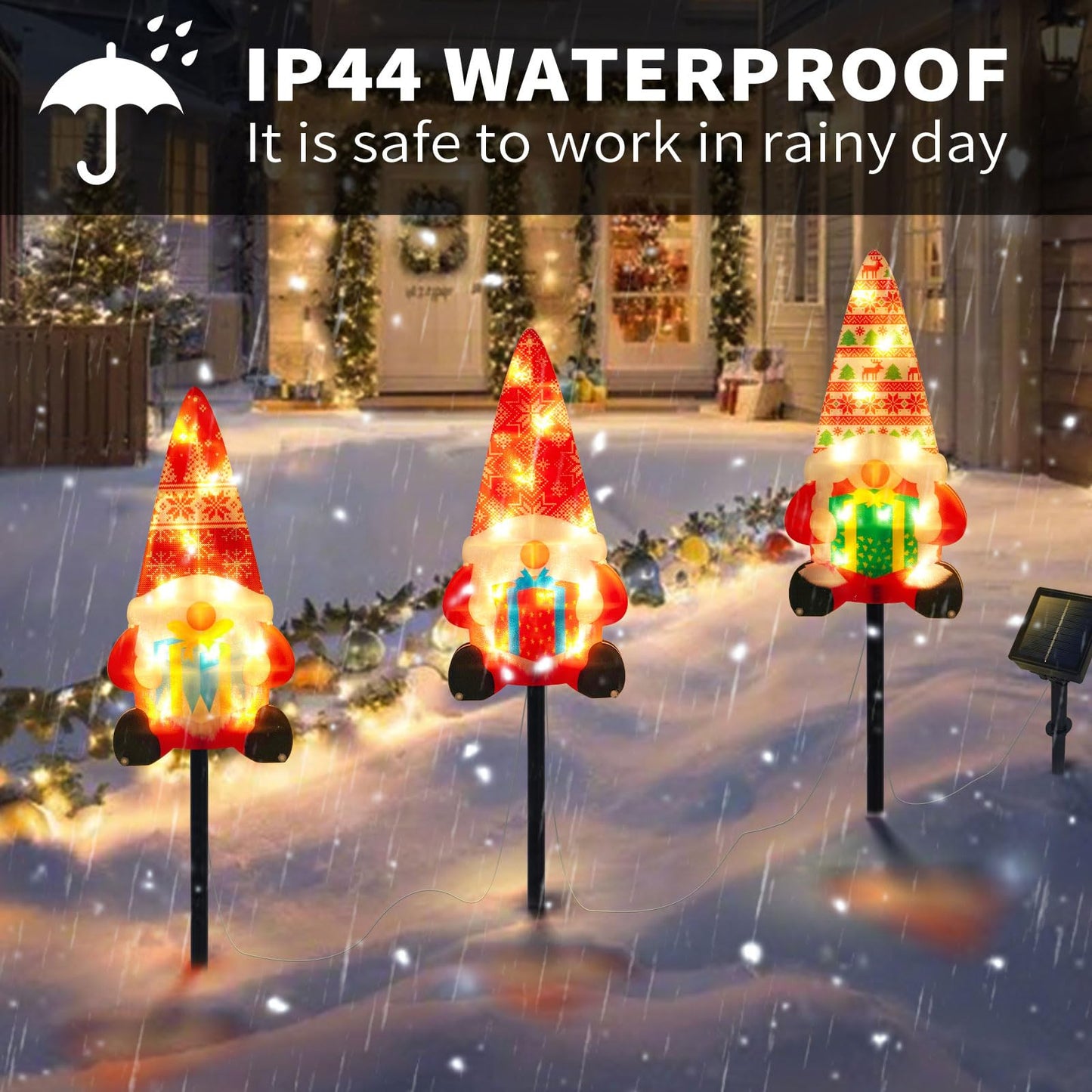 Set of 3 Solar Christmas Decorations, 8 Modes Solar Pathway Stakes Lights, Outdoor Christmas Gnome Lights Decor for Garden, Yard, Porch (Gnome)