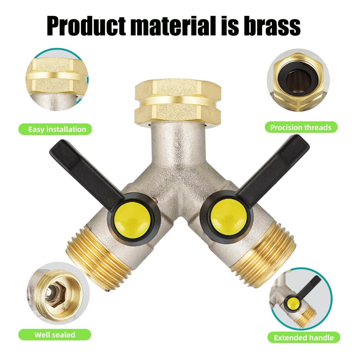 EJW Hose Splitter 2 Way, Garden Hose Splitters, 2 Way Faucet Splitter, Water Spigot Splitter, RV Brass Hose Splitter, Two way Hose Bib Splitter, Double Hose Connector, Hose Valve 3/4 Inch GHT Thread.