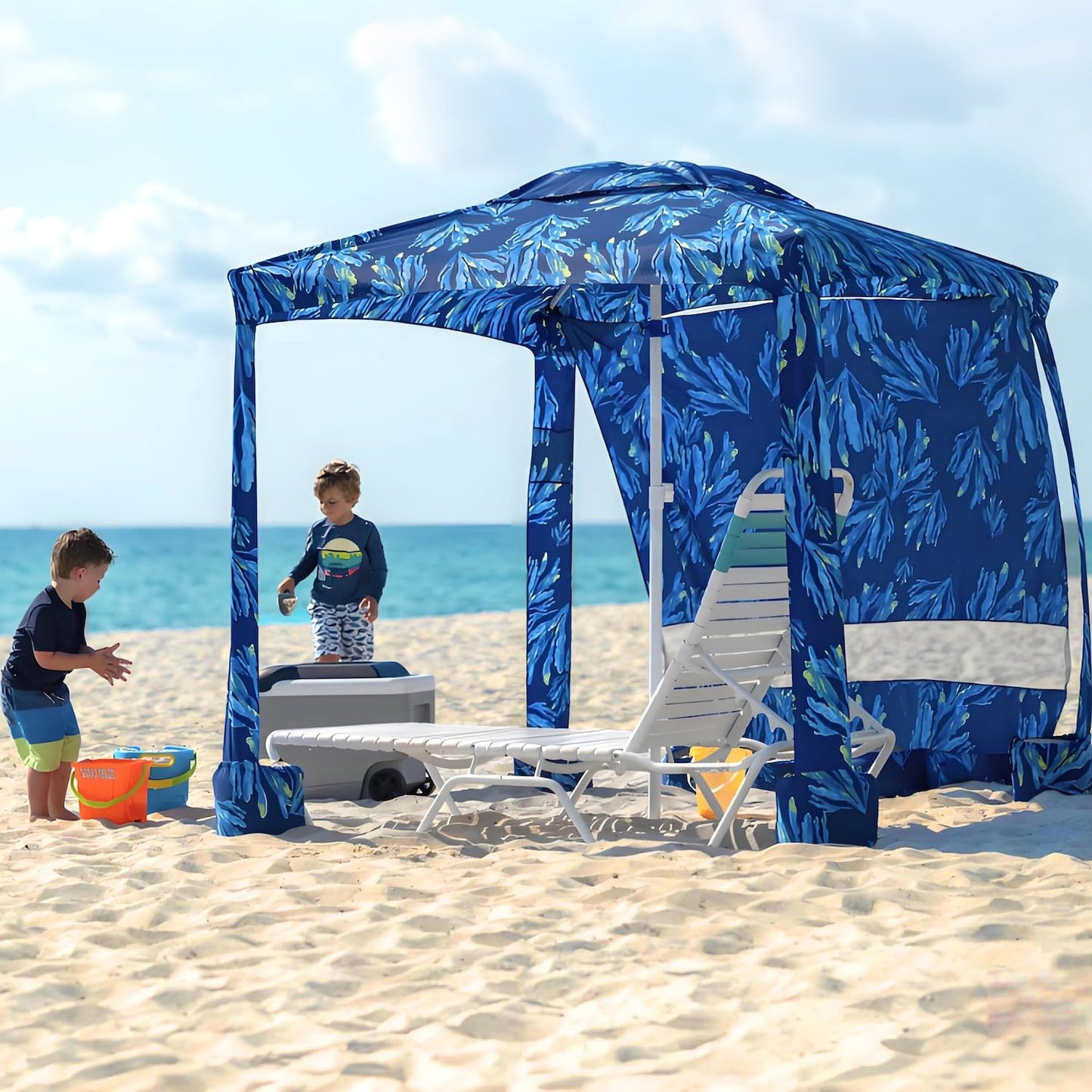 AMMSUN Beach Cabana, 6.5'×6.5' Beach Canopy, Easy Set up and Take Down, Cabana Tent with Sand Pockets, Instant Sun Shade with Side Wall, Coral Tropical