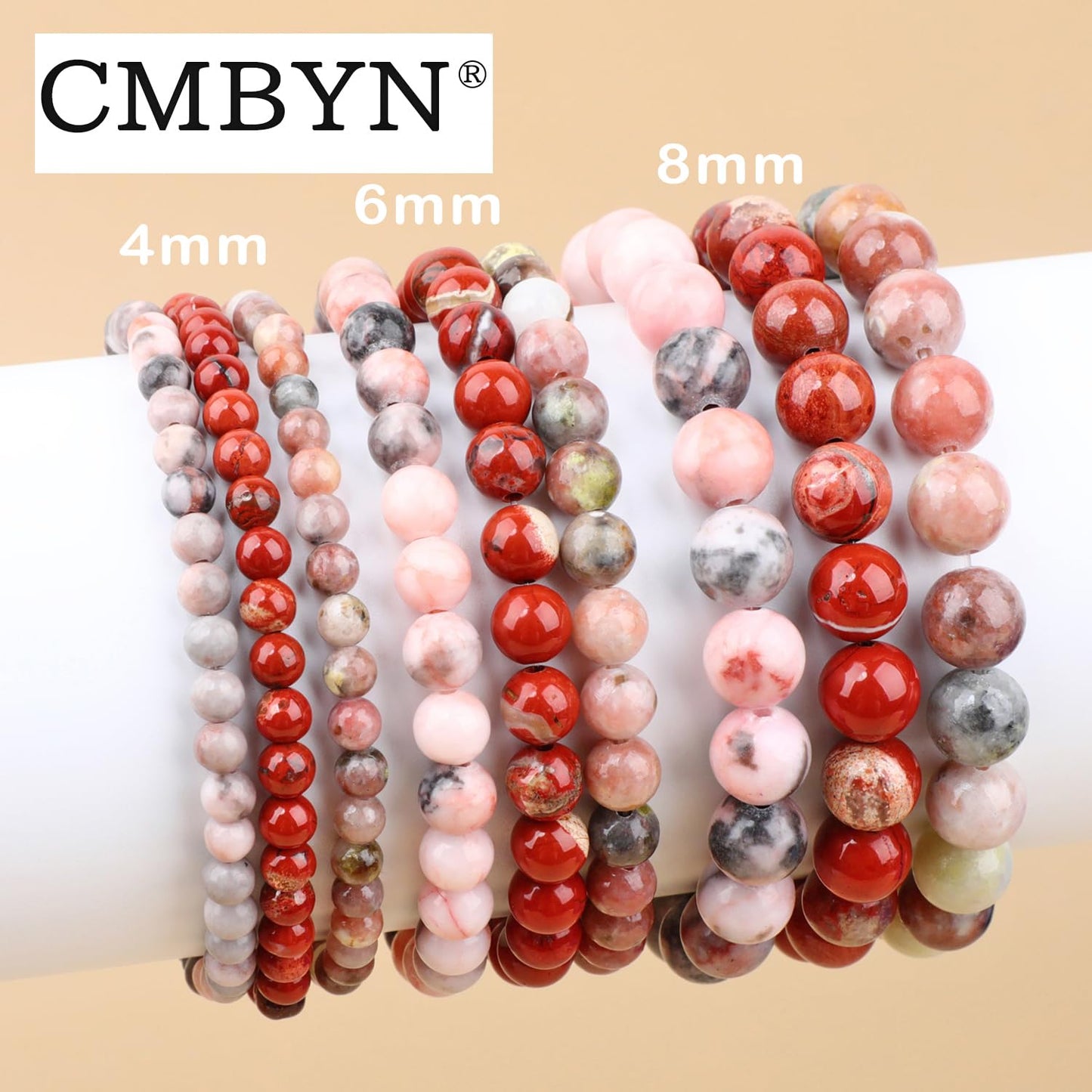 CMBYN 3-Pieces 4mm Natural Crystal Gemstone – ﻿Pink Zebra, Red Jasper, Red Plum Blossom Stone Handmade Reiki Energy Healing Stretch Bracelets Jewelry for Yoga, Meditation, Unisex