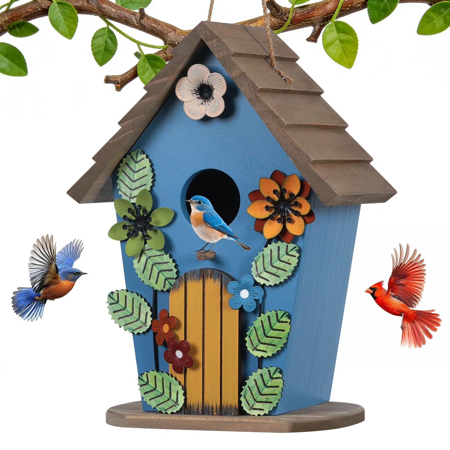 handrong Bird Houses for Outside,Wooden Blue Birdhouse,Decorative Birdhouses for Outdoors,Hanging Bird Houses,Bird Box Nest,Humming Bird House for Outside,Bird Gifts for Bird Lovers