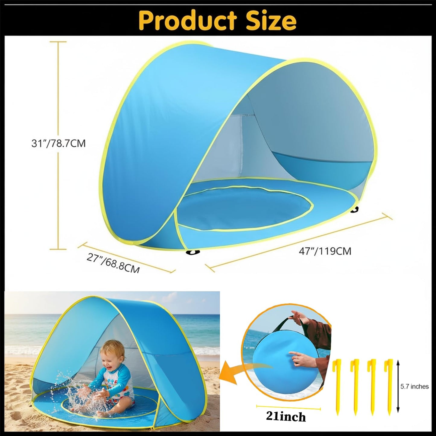Baby Beach Tent with Pool, Pop Up Beach Tent Sun Shade for Infant Toddlers, Portable UV Protection Shade with Carry Bag for Outdoor Travel, Camping