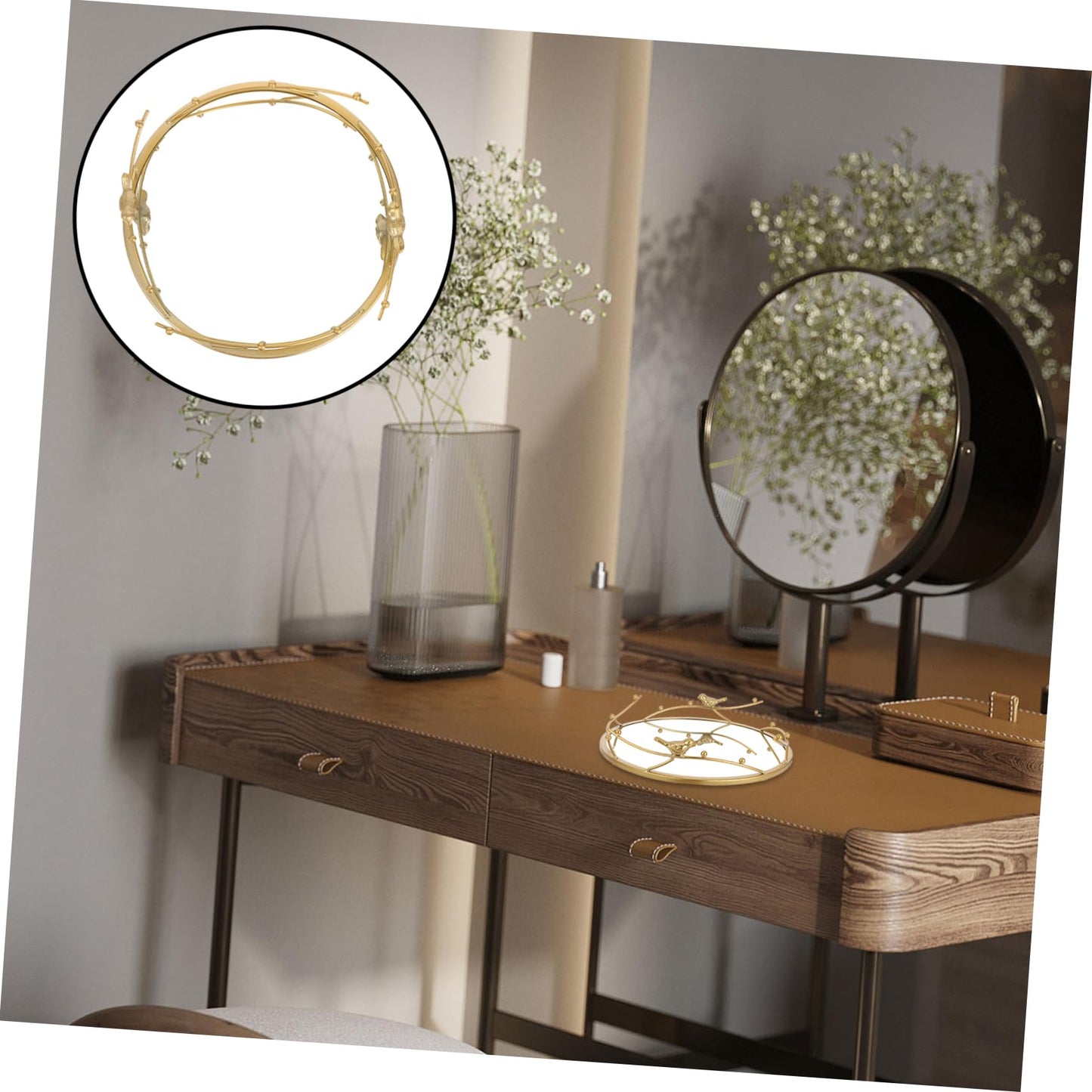 Luxshiny Elegant Round Gold Mirror Tray for Jewelry Perfume and Cosmetics Storage Home Decor