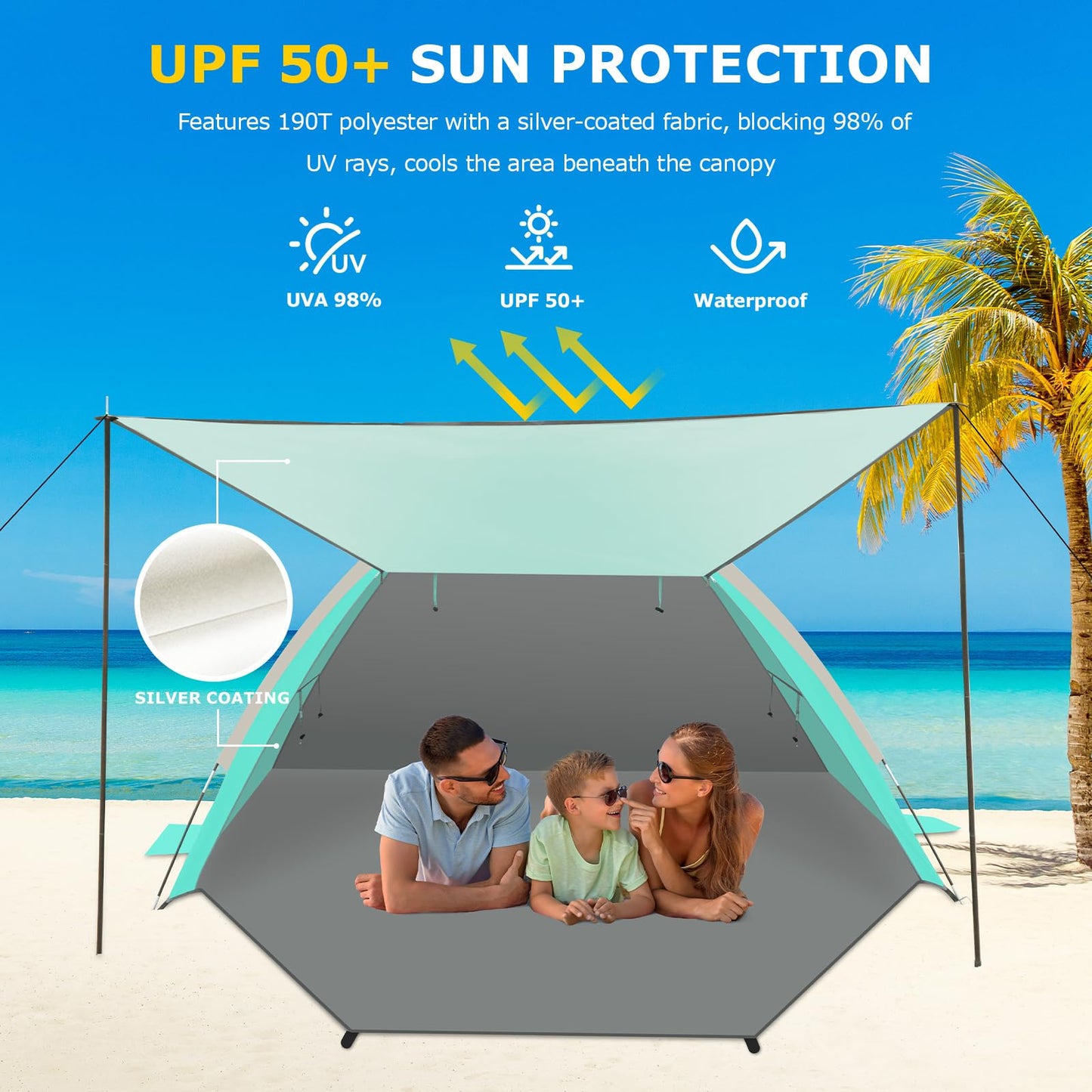 Gorich Beach Tent with Canopy - Easy Setup 3-4/5-6/7-8 Person Portable Sun Shelter, UPF 50+ UV Protection Sun Shade, Lightweight & Compact Beach Cabana for Family Travel